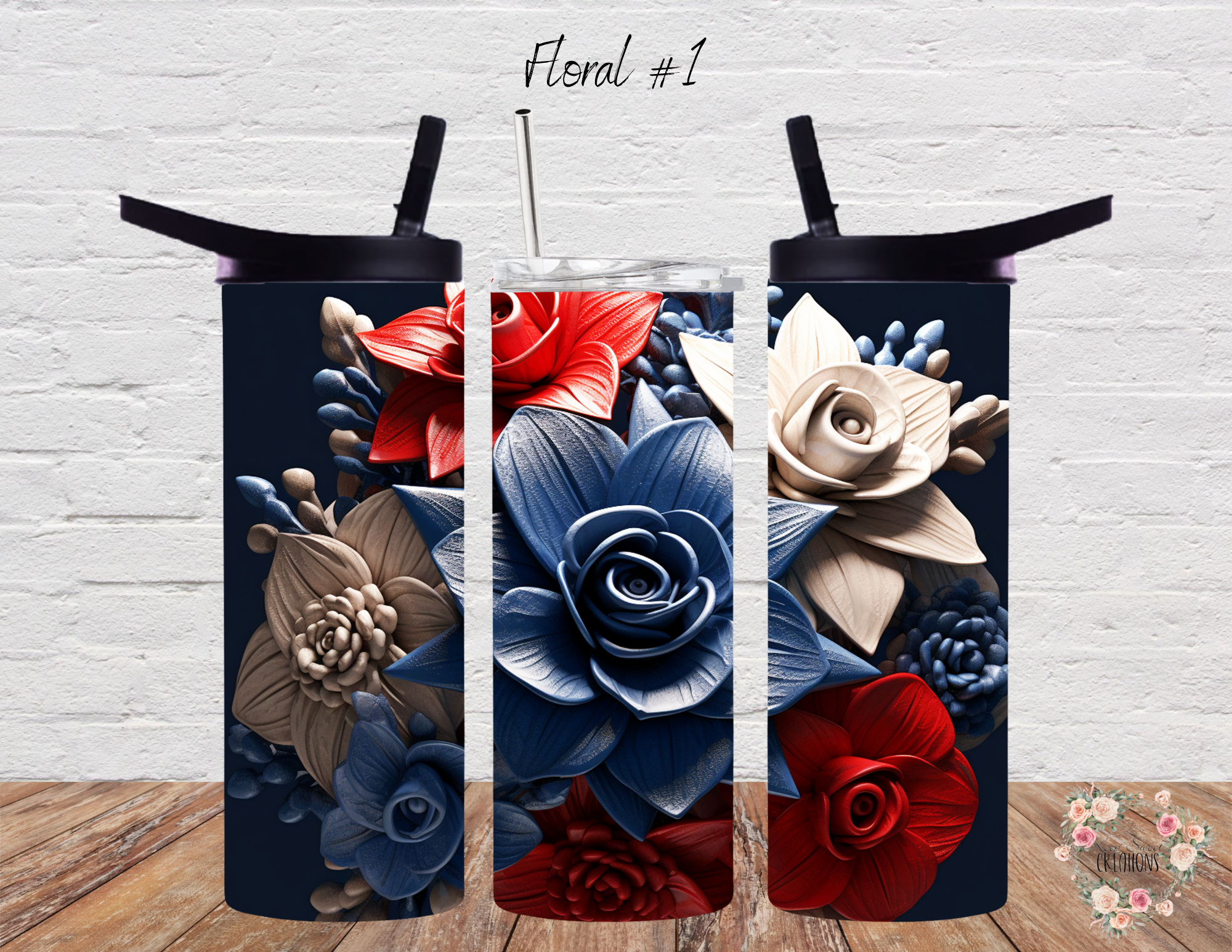 Floral Patriotic Tumbler – Red, White & Blue Flowers (Floral #1)