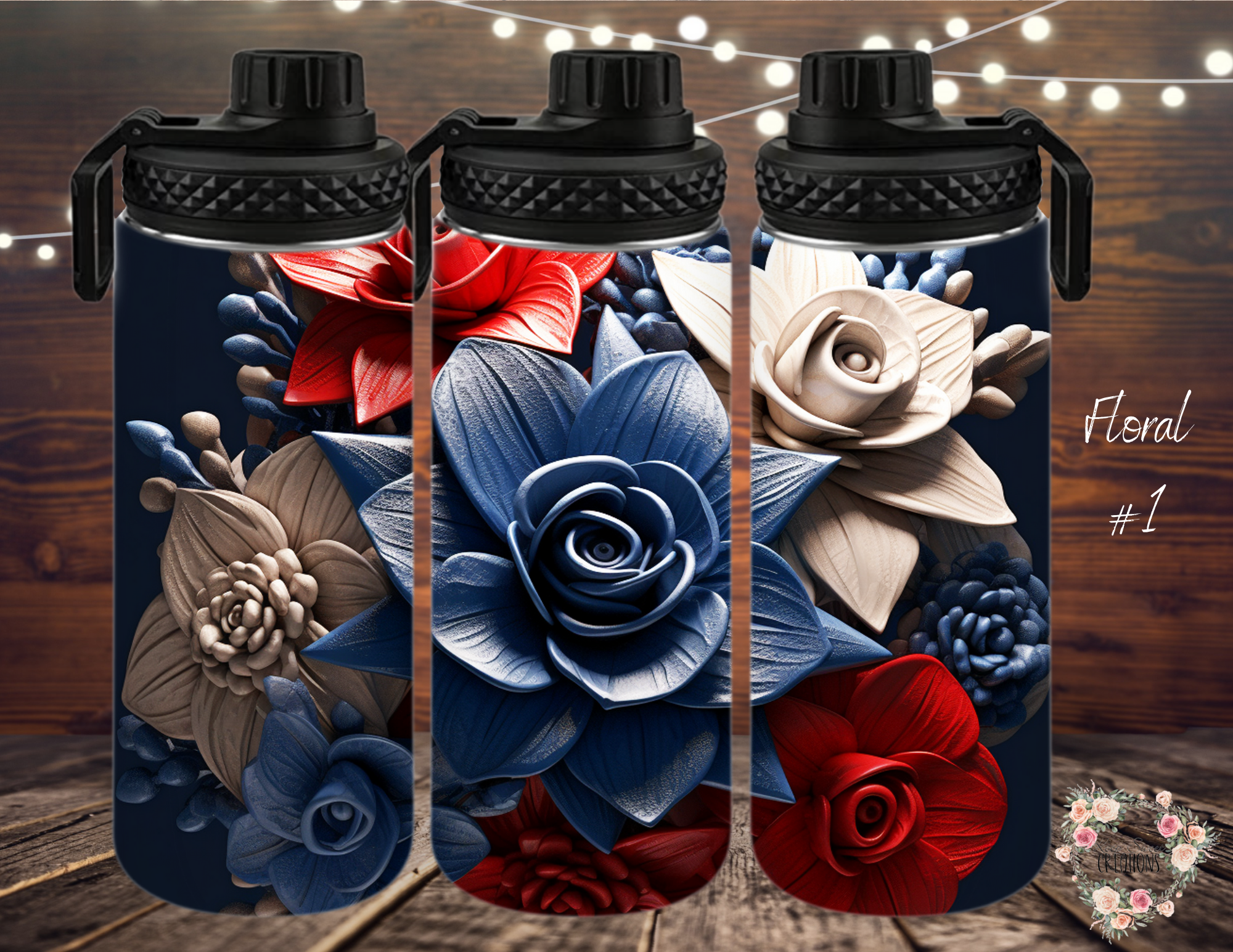 Floral Patriotic Tumbler – Red, White & Blue Flowers (Floral #1)