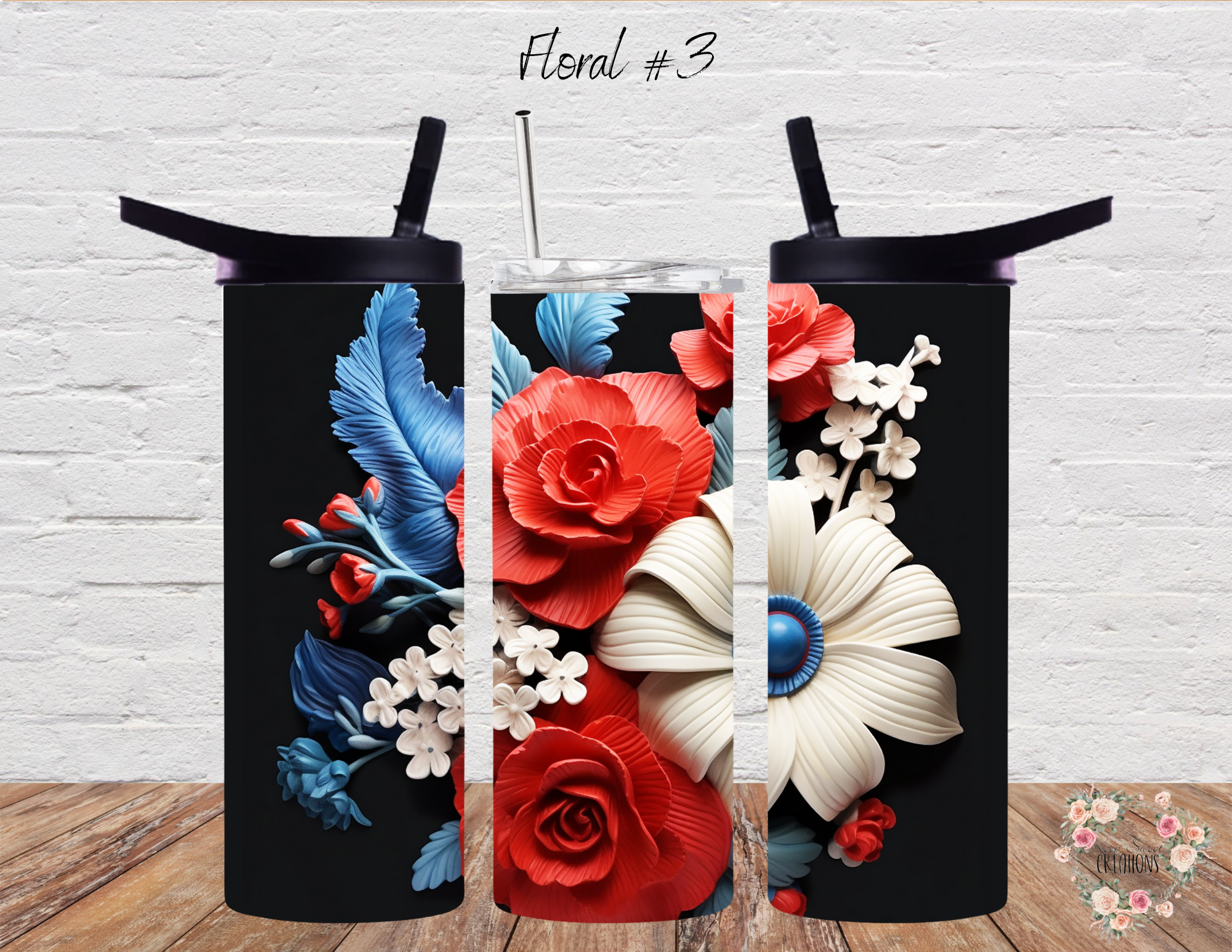 Red, White & Blue Flowers | Patriotic USA Drinkware - (Floral #3)