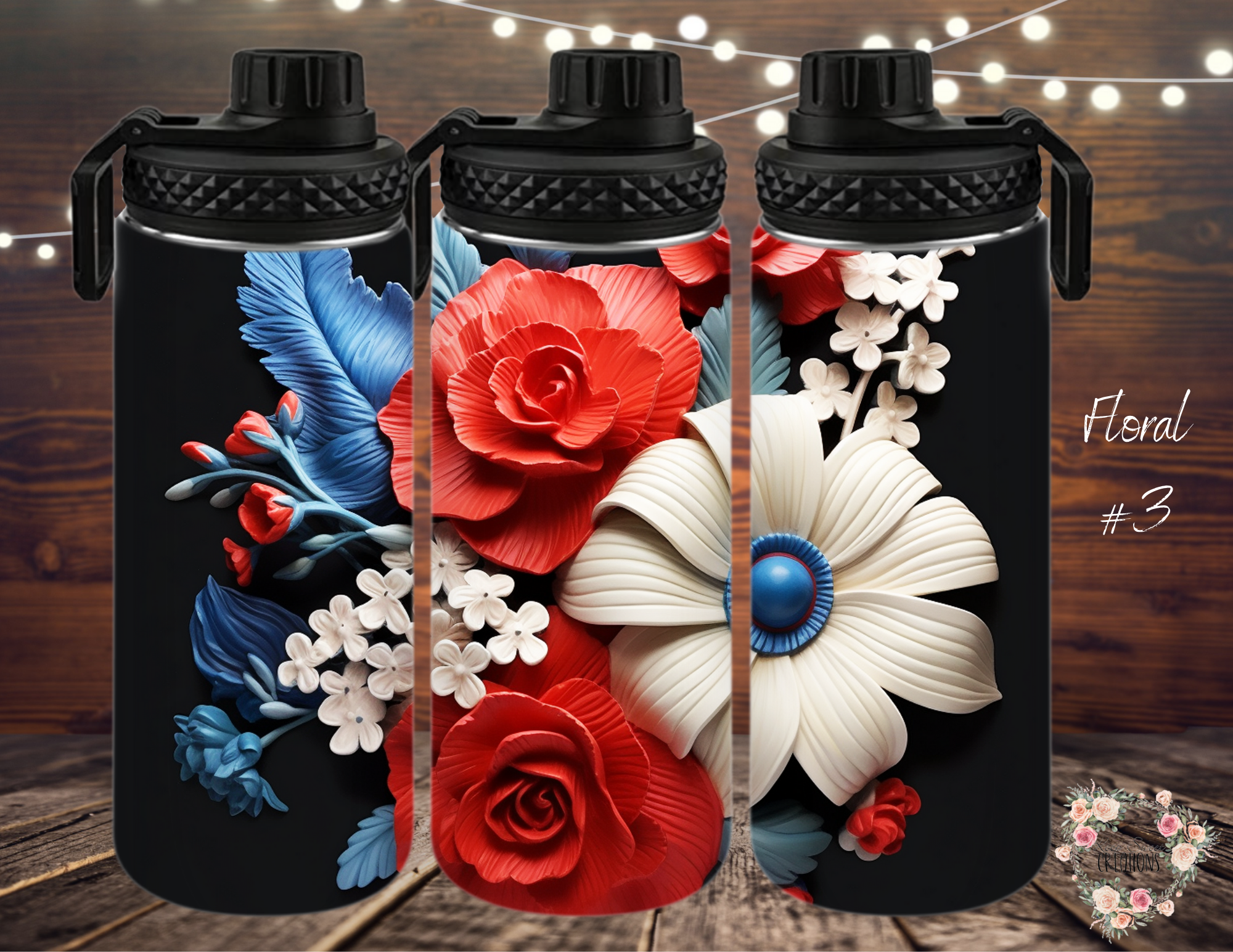 Red, White & Blue Flowers | Patriotic USA Drinkware - (Floral #3)