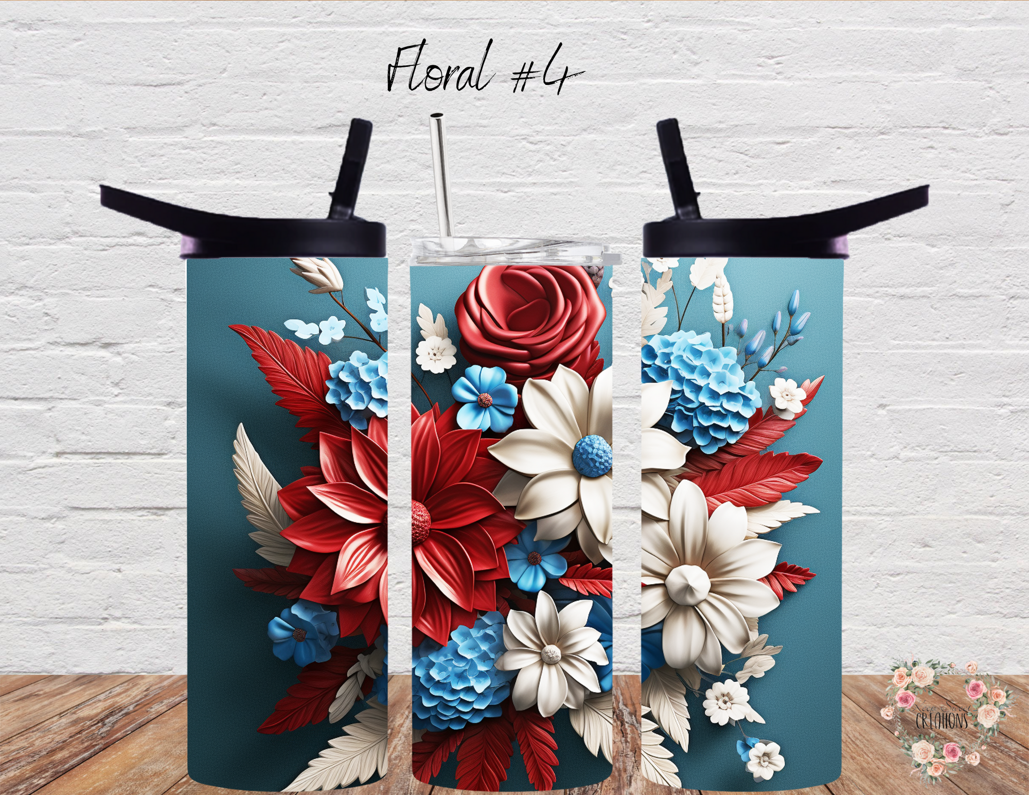 Red, White & Blue Flower Cup | Patriotic USA Drinkware - (Floral #4) Tumbler