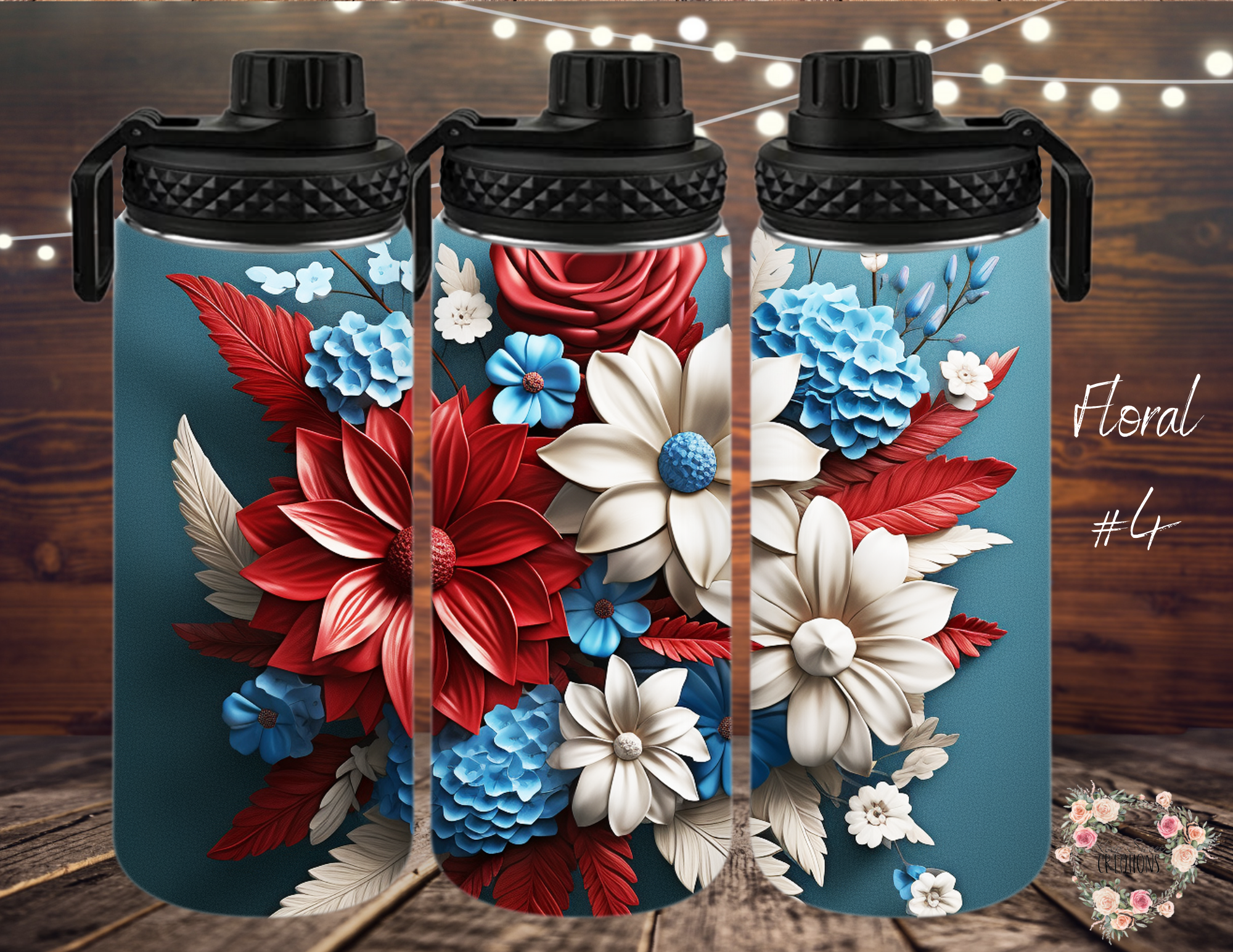 Red, White & Blue Flower Cup | Patriotic USA Drinkware - (Floral #4) Tumbler