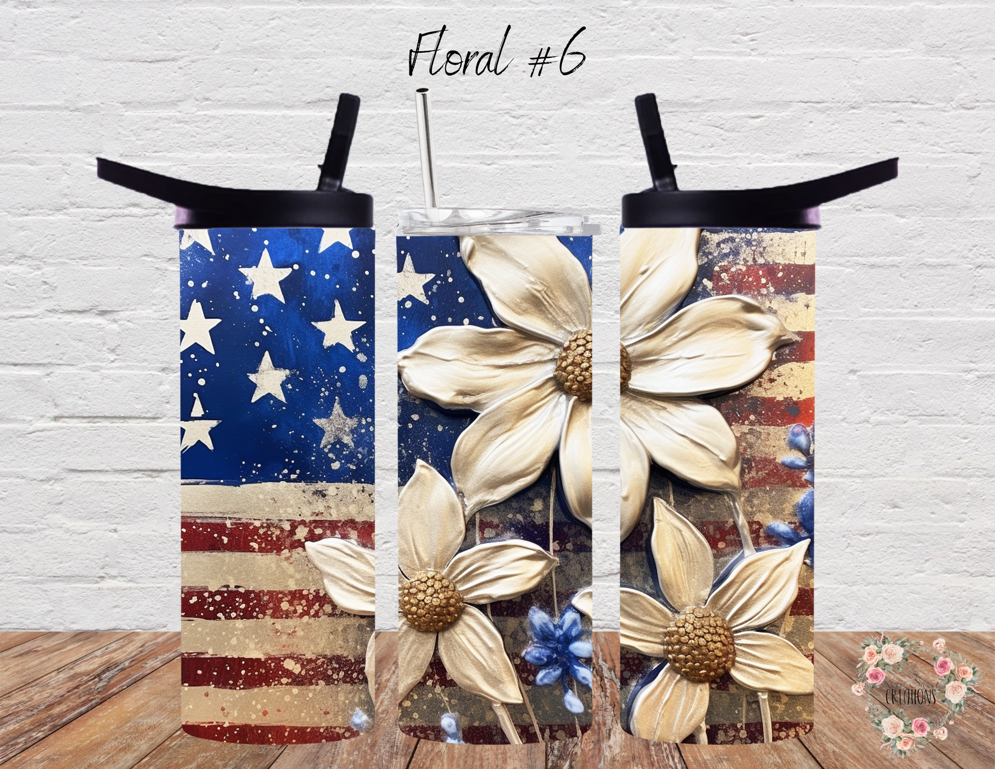 Rustic American Flag & Floral Cup | Patriotic Drinkware - (Floral #6) Tumbler