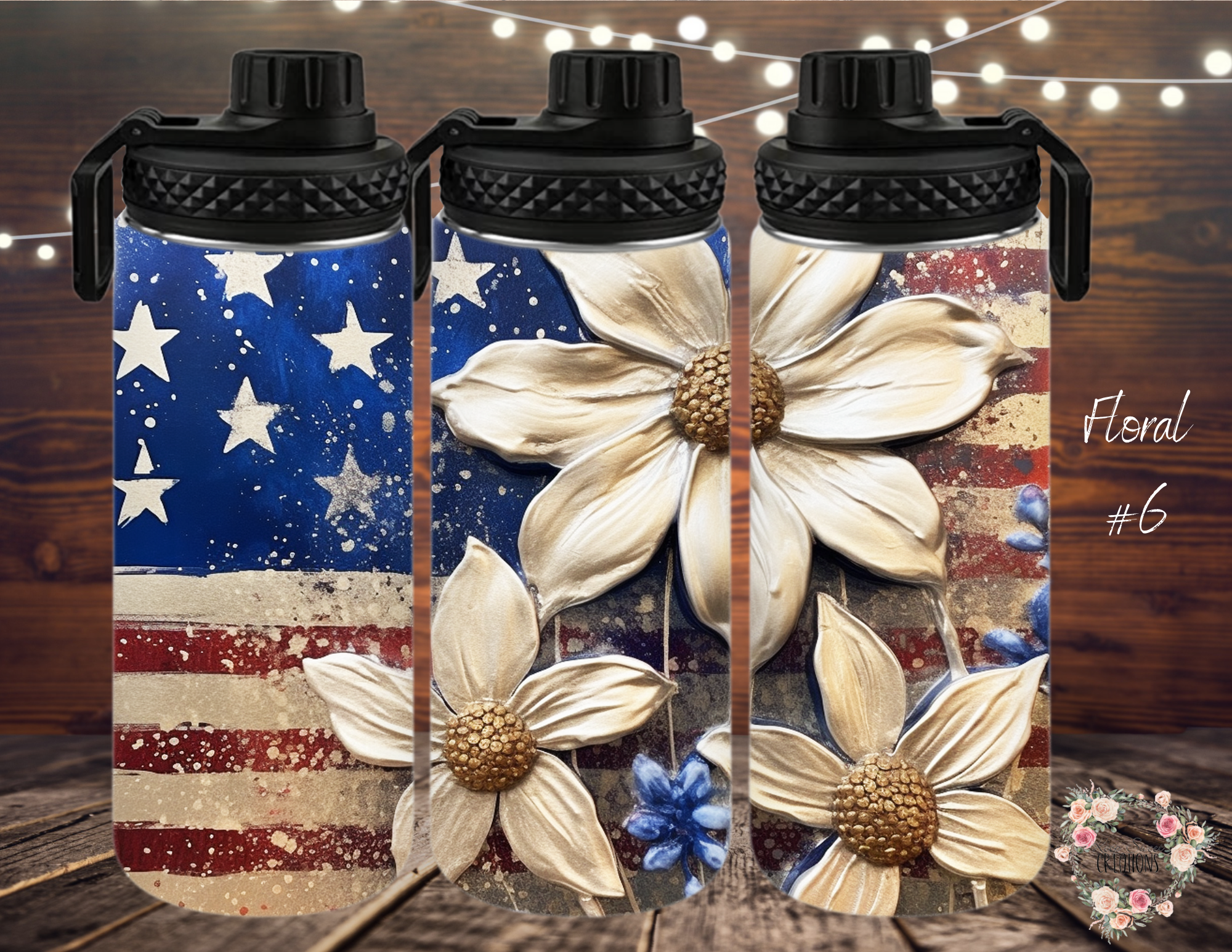 Rustic American Flag & Floral Cup | Patriotic Drinkware - (Floral #6) Tumbler