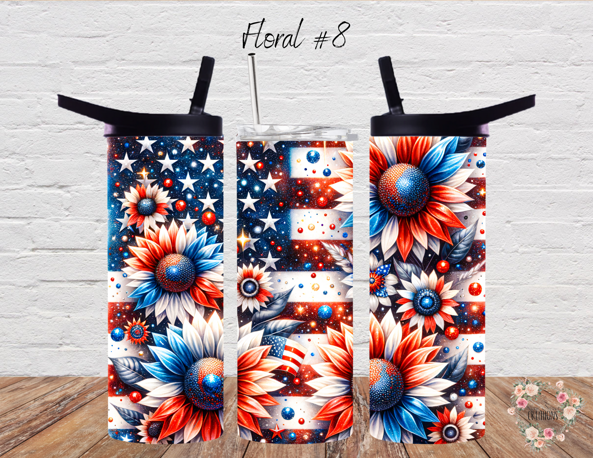 Rustic American Flag & Red, White & Blue Flowers - (Floral #8) Tumbler