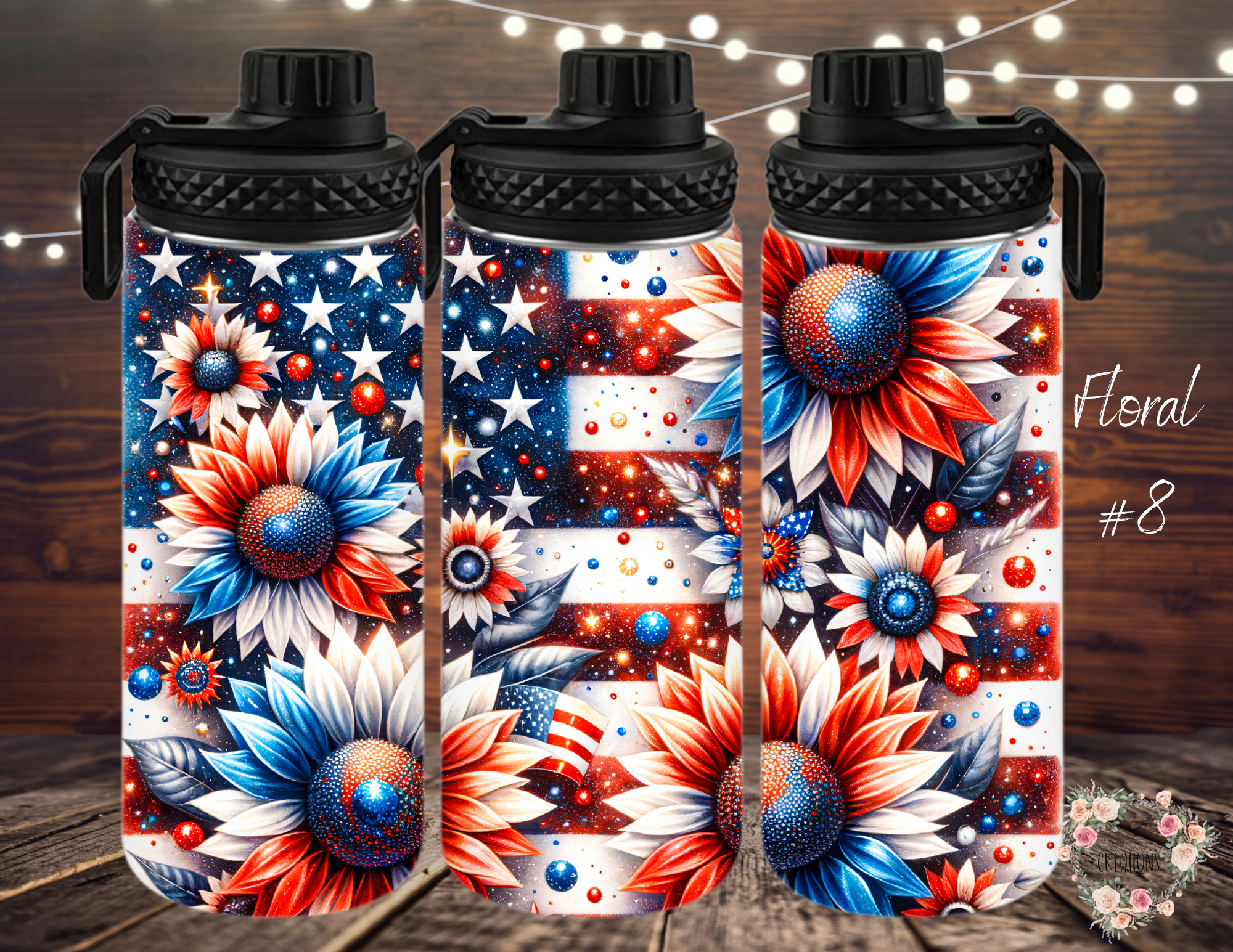 Rustic American Flag & Red, White & Blue Flowers - (Floral #8) Tumbler