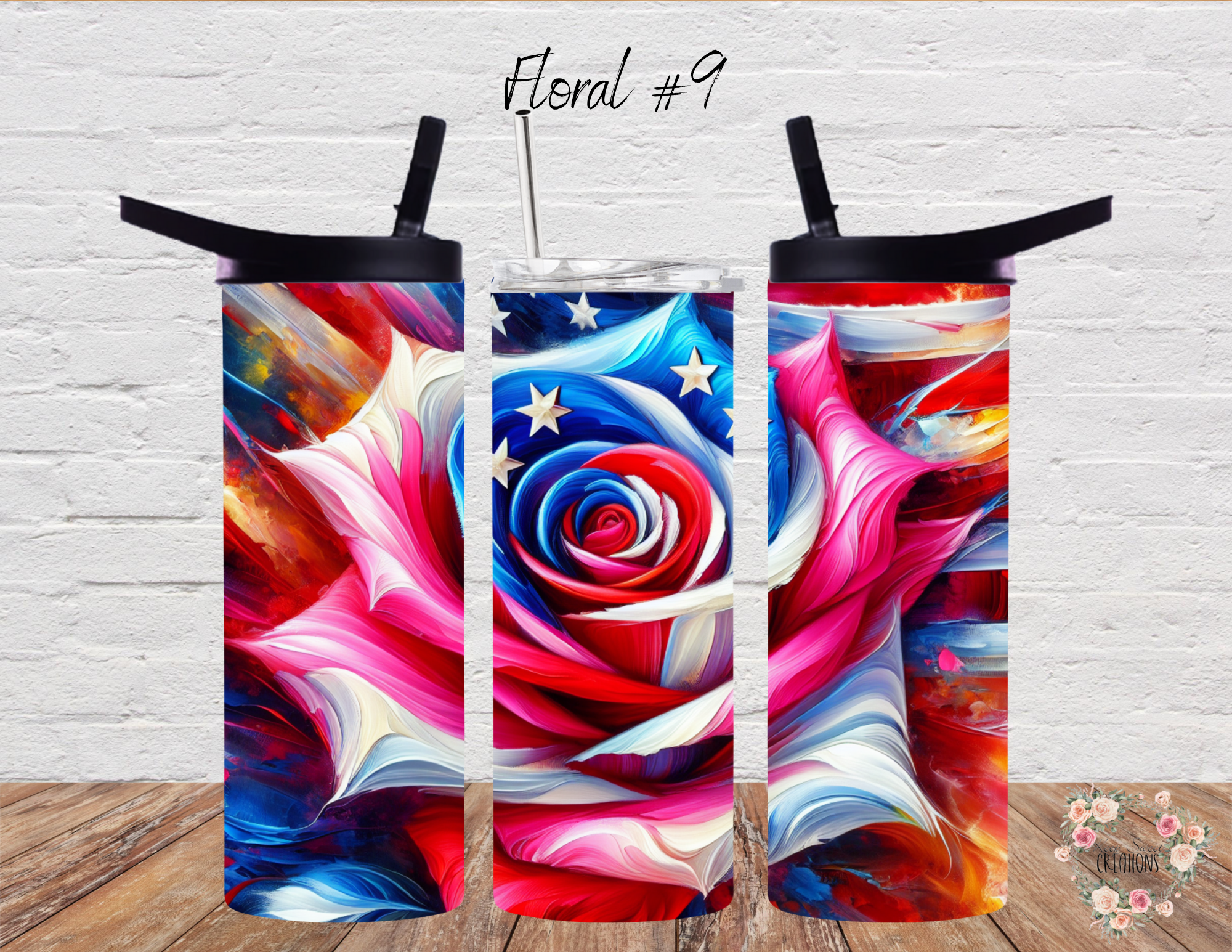 Rustic Red, White & Blue Floral Cup | Patriotic USA Drinkware - (Floral #9) Tumbler