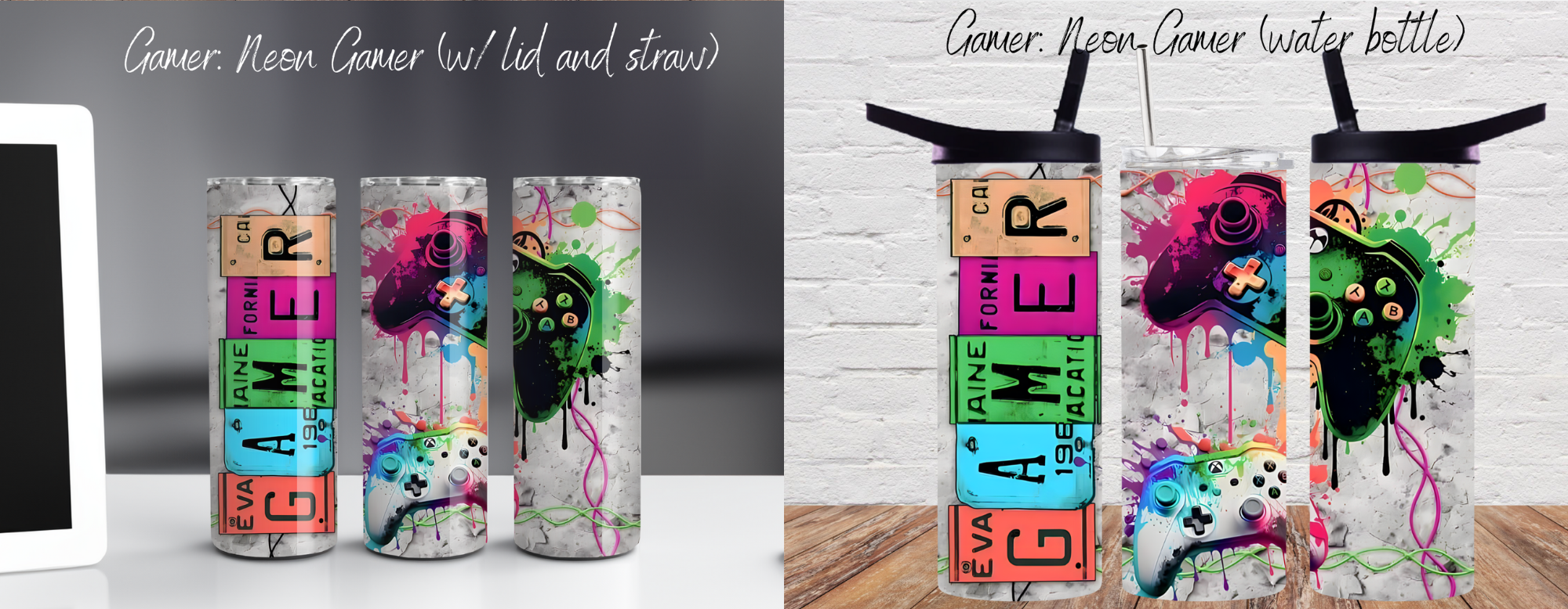 Neon Gamer tumblers in various sizes with bold, futuristic gaming designs on a display table