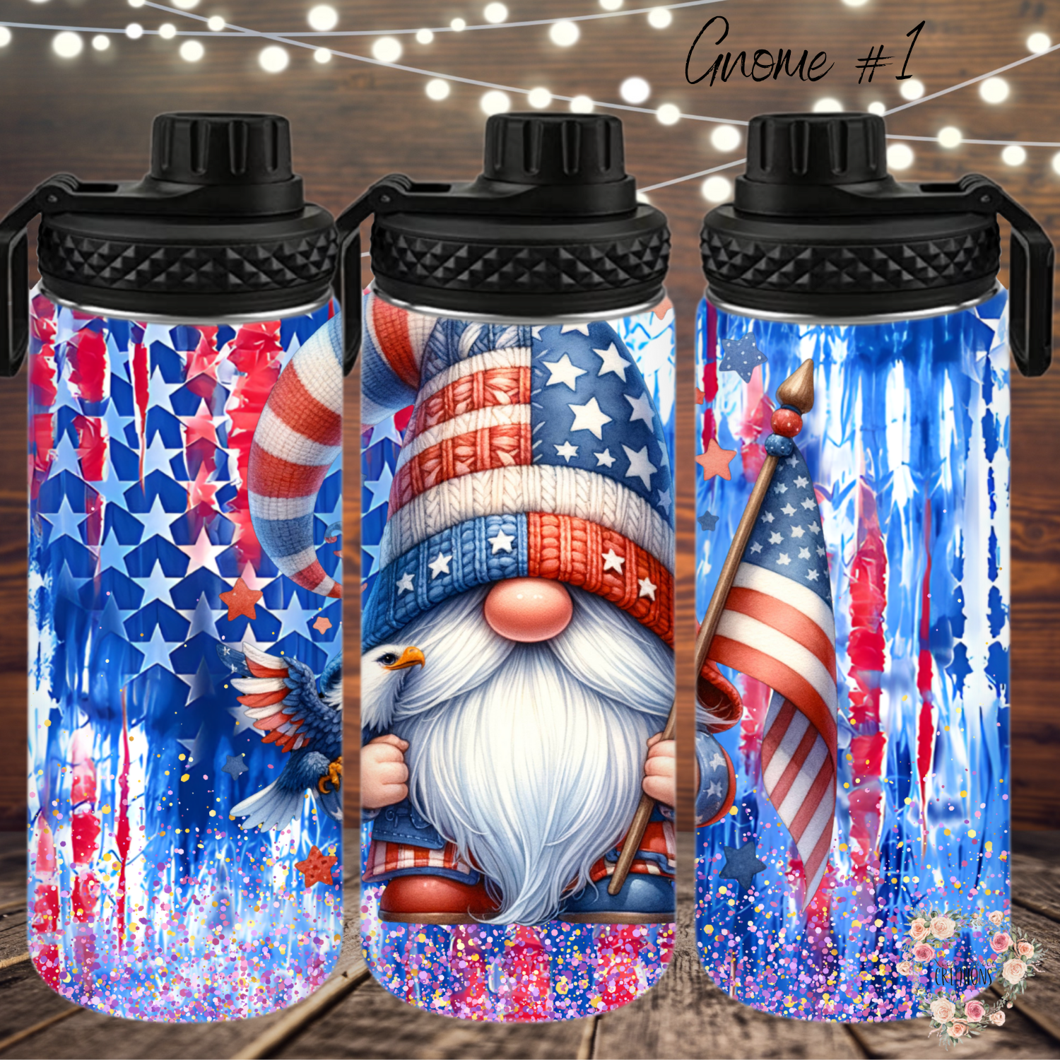 Patriotic Gnome Water Bottle – Stay hydrated in style with this 32oz leak-proof water bottle featuring a charming gnome in red, white, and blue. Adorned with stars, stripes, and an American flag, this bottle is perfect for Fourth of July celebrations, outdoor adventures, or everyday patriotic flair. Made from durable, BPA-free material with a secure screw-on lid and carrying handle for convenience. Ideal for gnome lovers and anyone who loves showing off their American pride!
