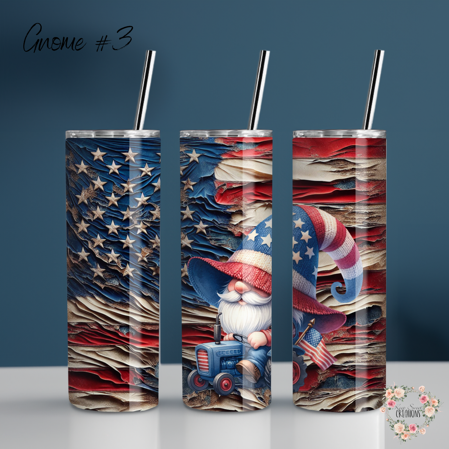 Charming Gnome with Rustic American Flag Backdrop - (Gnome #3) - Tumbler