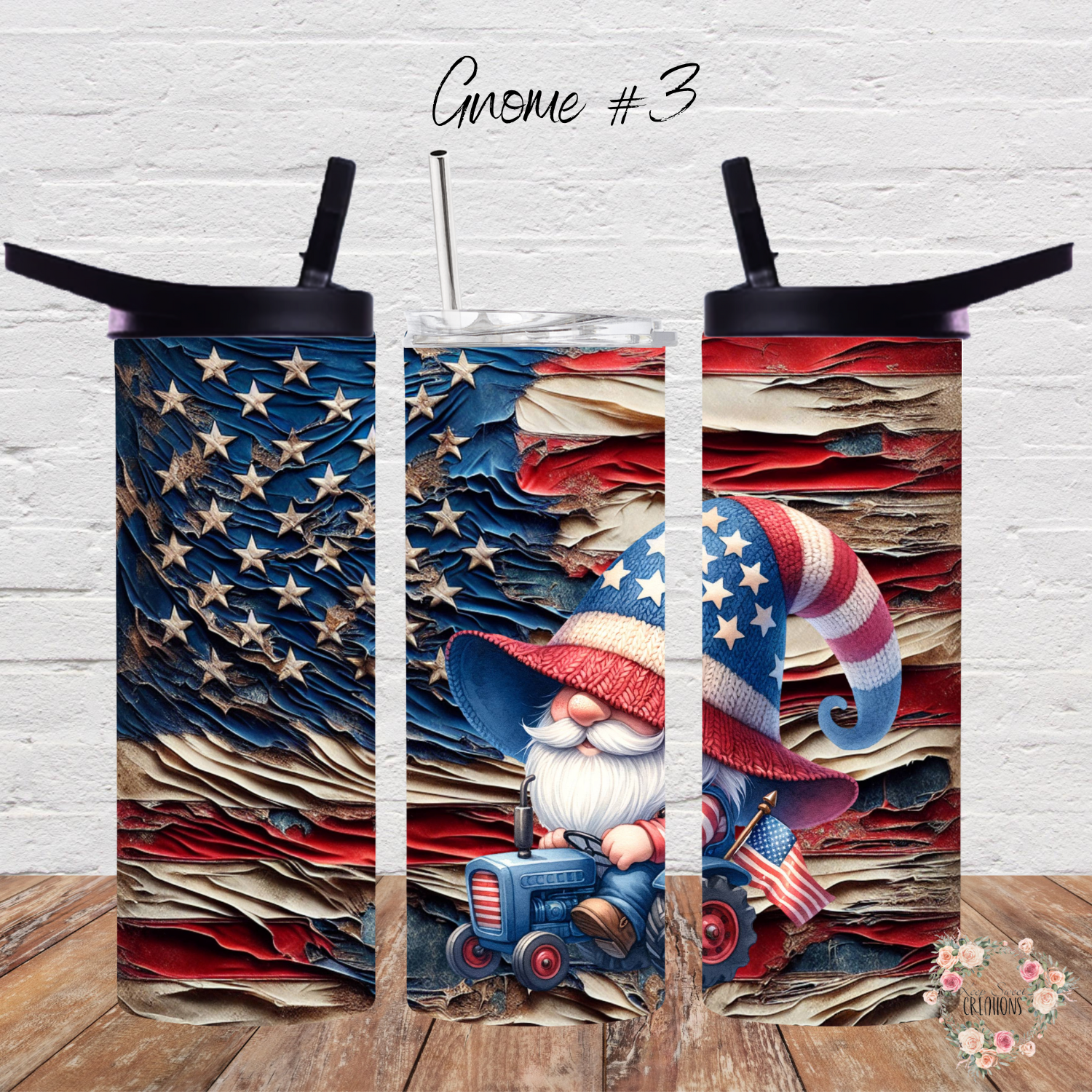 Charming Gnome with Rustic American Flag Backdrop - (Gnome #3) - Tumbler
