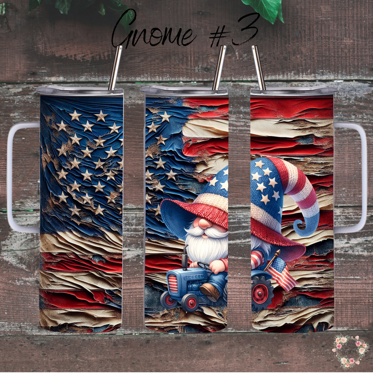 Charming Gnome with Rustic American Flag Backdrop - (Gnome #3) - Tumbler