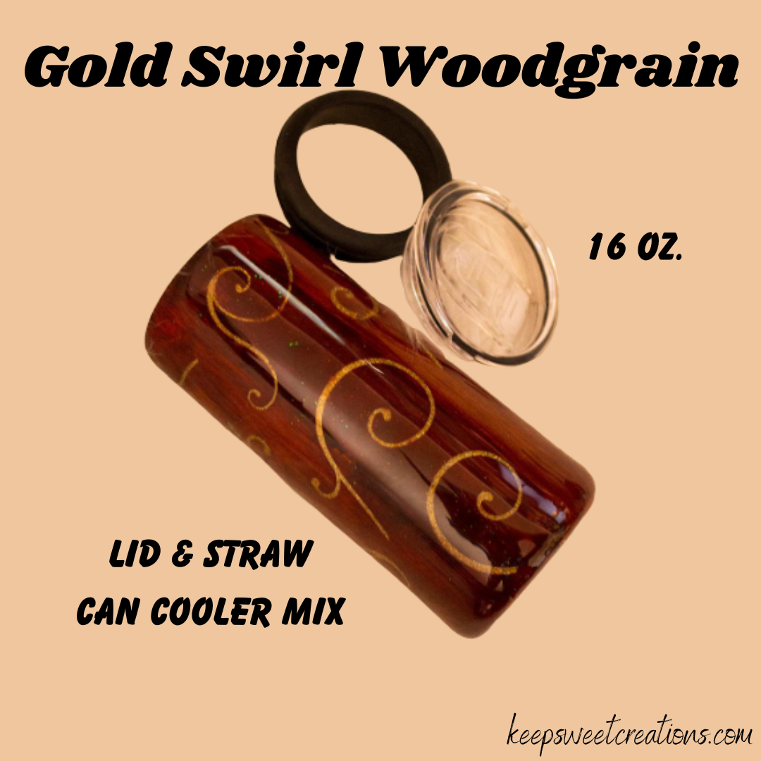 16 oz woodgrain gold swirl tumbler with lid and straw, dual-use as can cooler or tumbler
