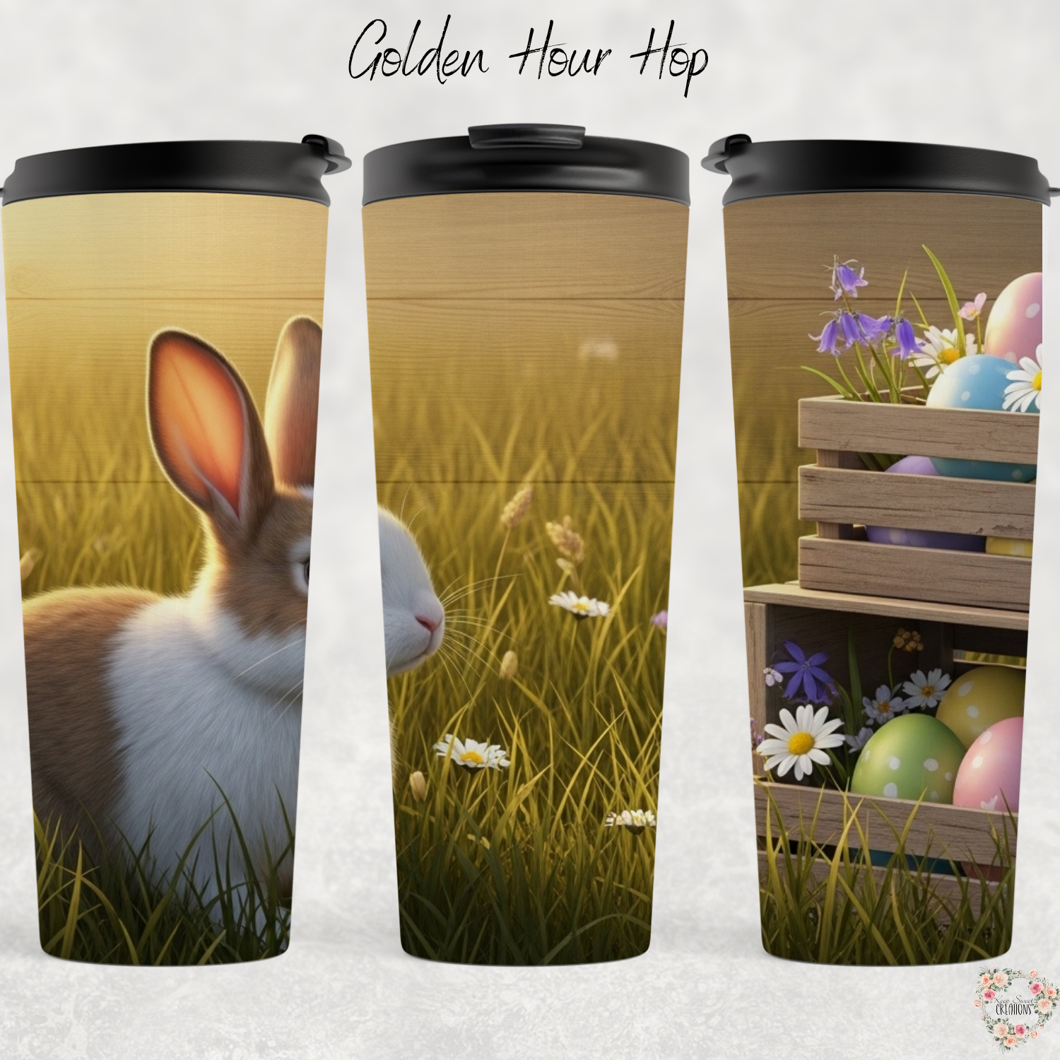 Golden Hour Hop Tumbler | Rustic Sunset Easter Bunny Cup (11–32 oz)