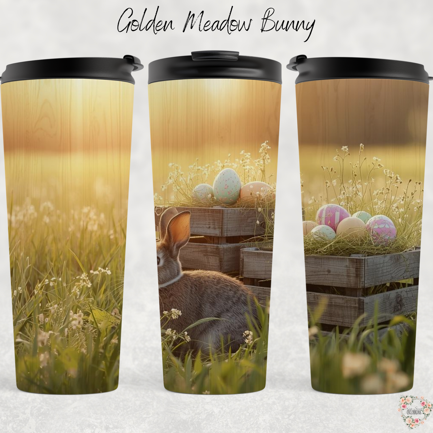 Golden Meadow Bunny Tumbler | Rustic Easter Bunny Sunset Cup (11–32oz)