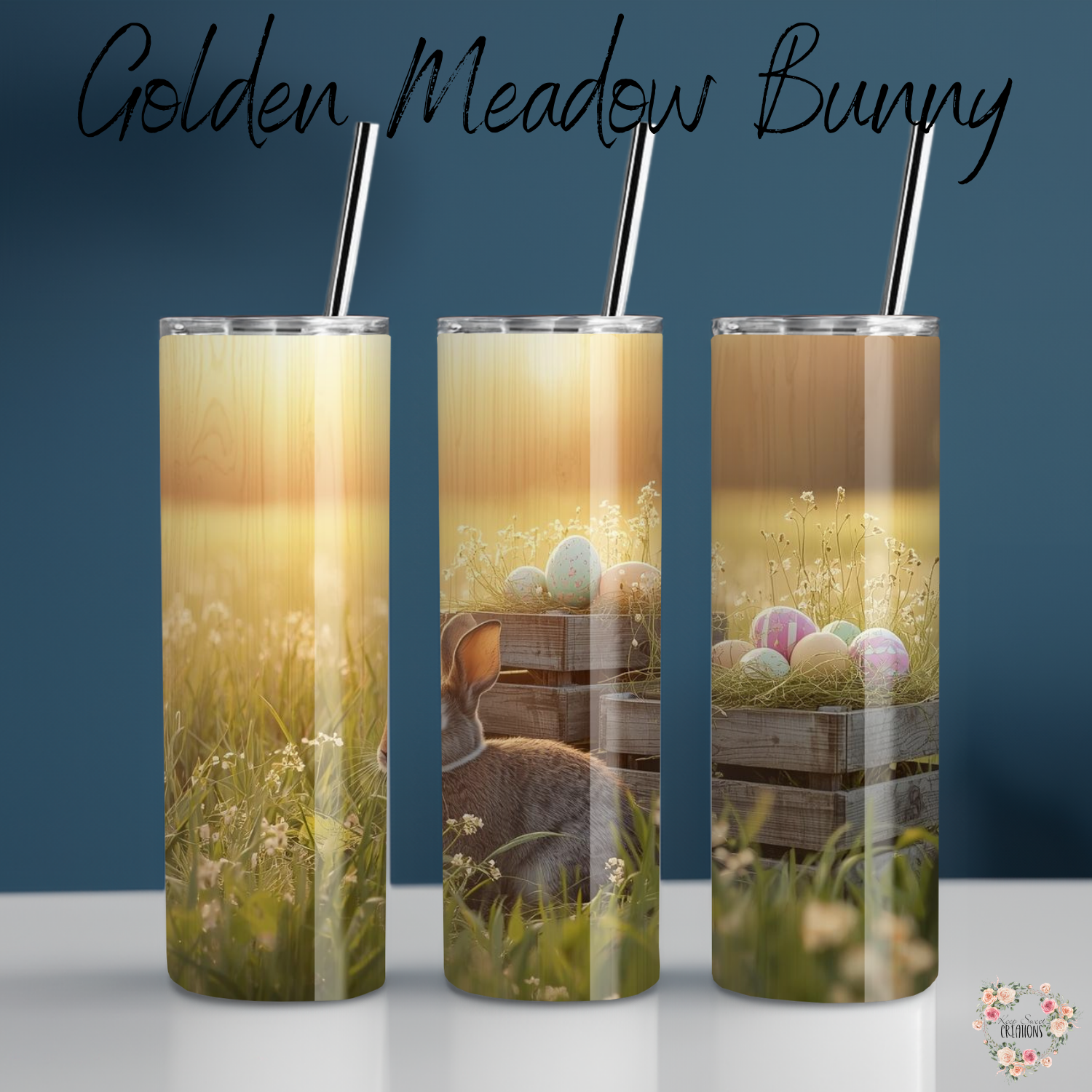 Golden Meadow Bunny Tumbler | Rustic Easter Bunny Sunset Cup (11–32oz)