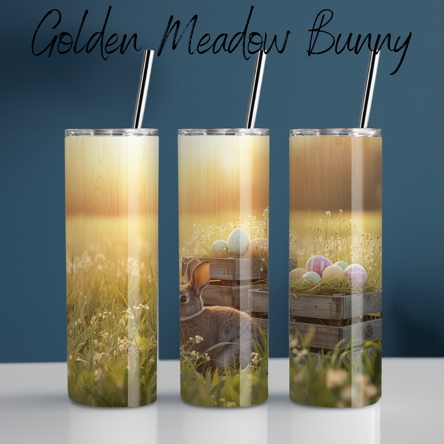 Golden Meadow Bunny Tumbler | Rustic Easter Bunny Sunset Cup (11–32oz)