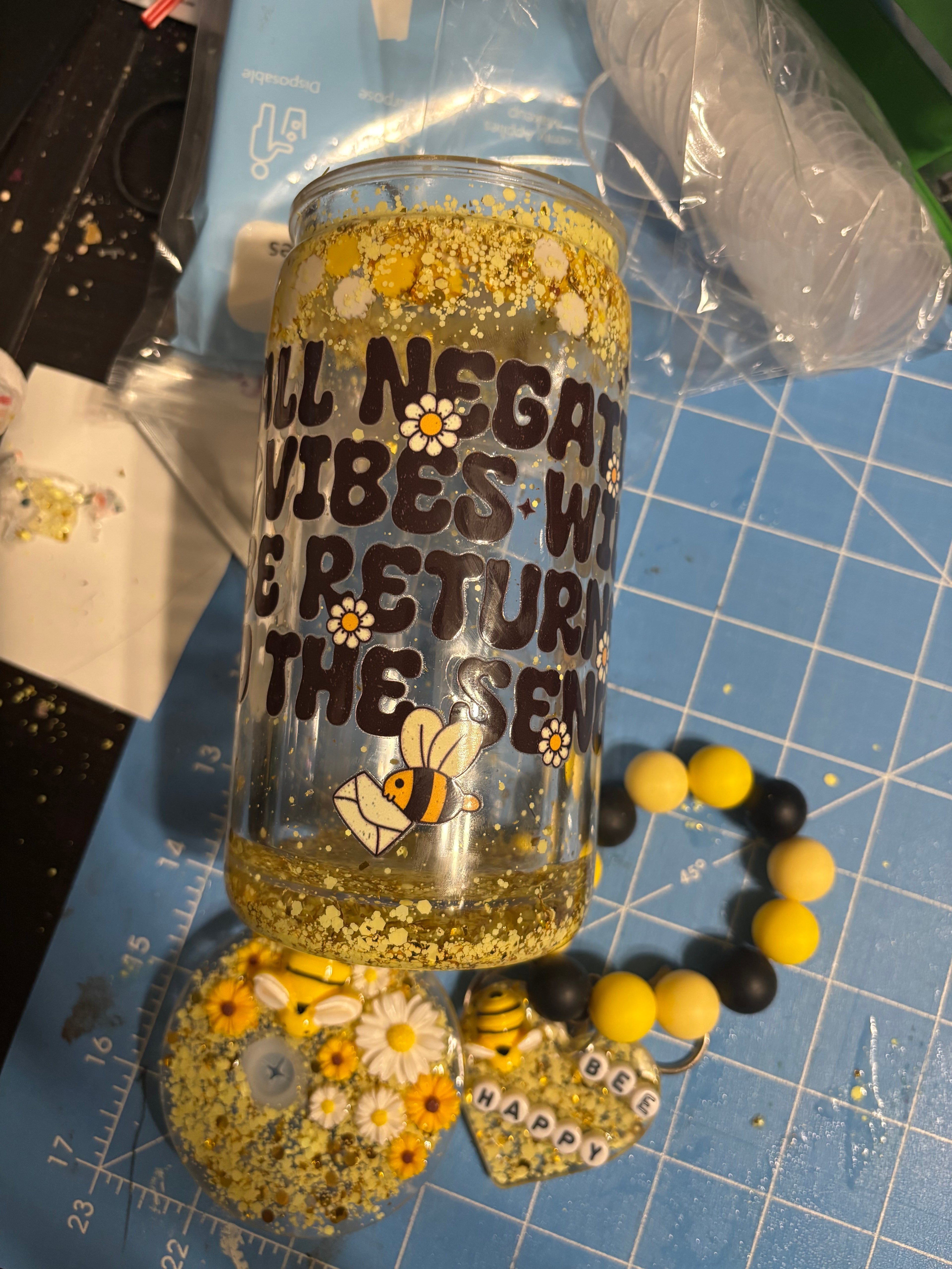 No Negative Vibes Bee Snowglobe Tumbler | Sunflower Bee Positive Vibes Cup