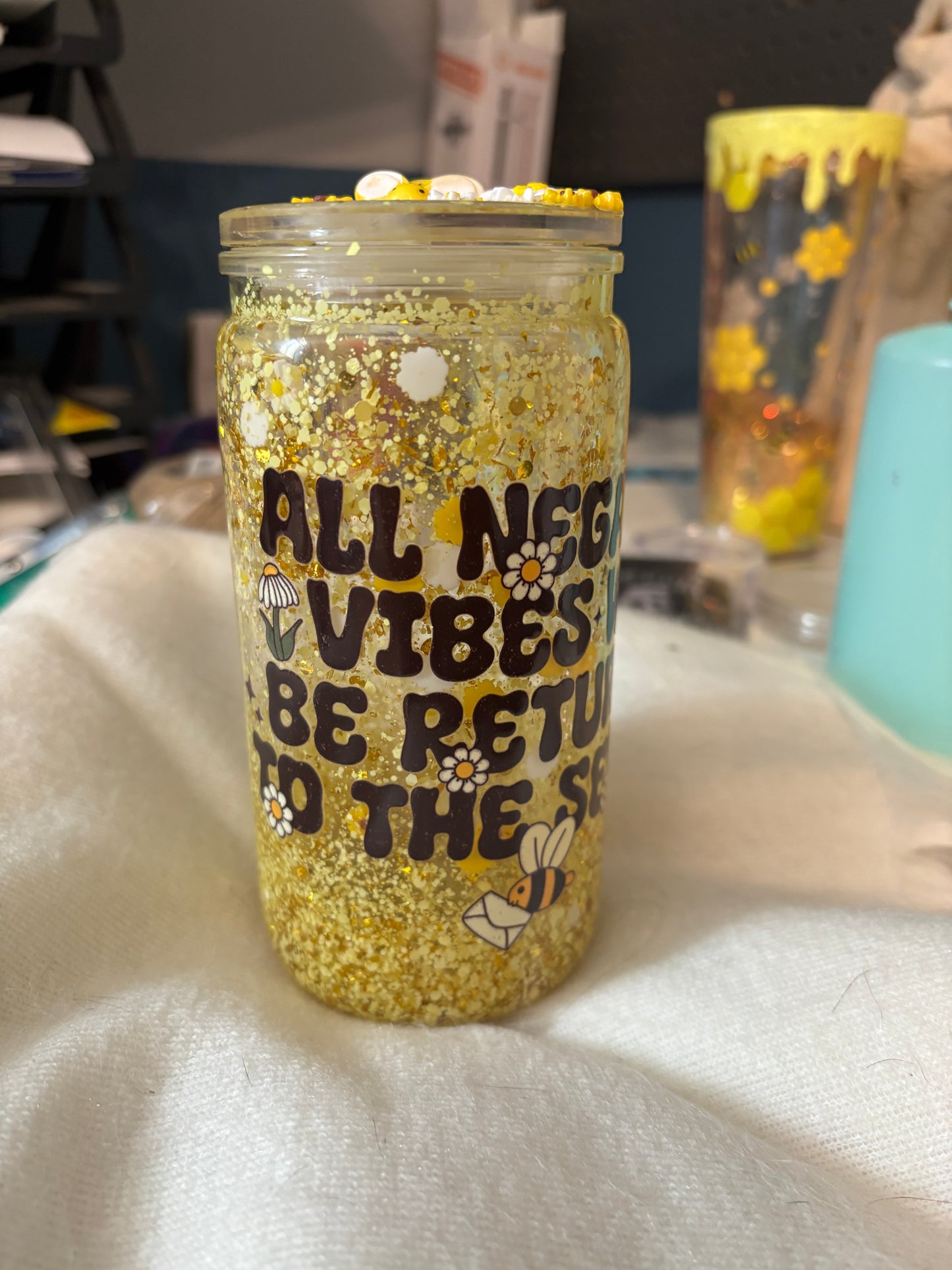 No Negative Vibes Bee Snowglobe Tumbler | Sunflower Bee Positive Vibes Cup
