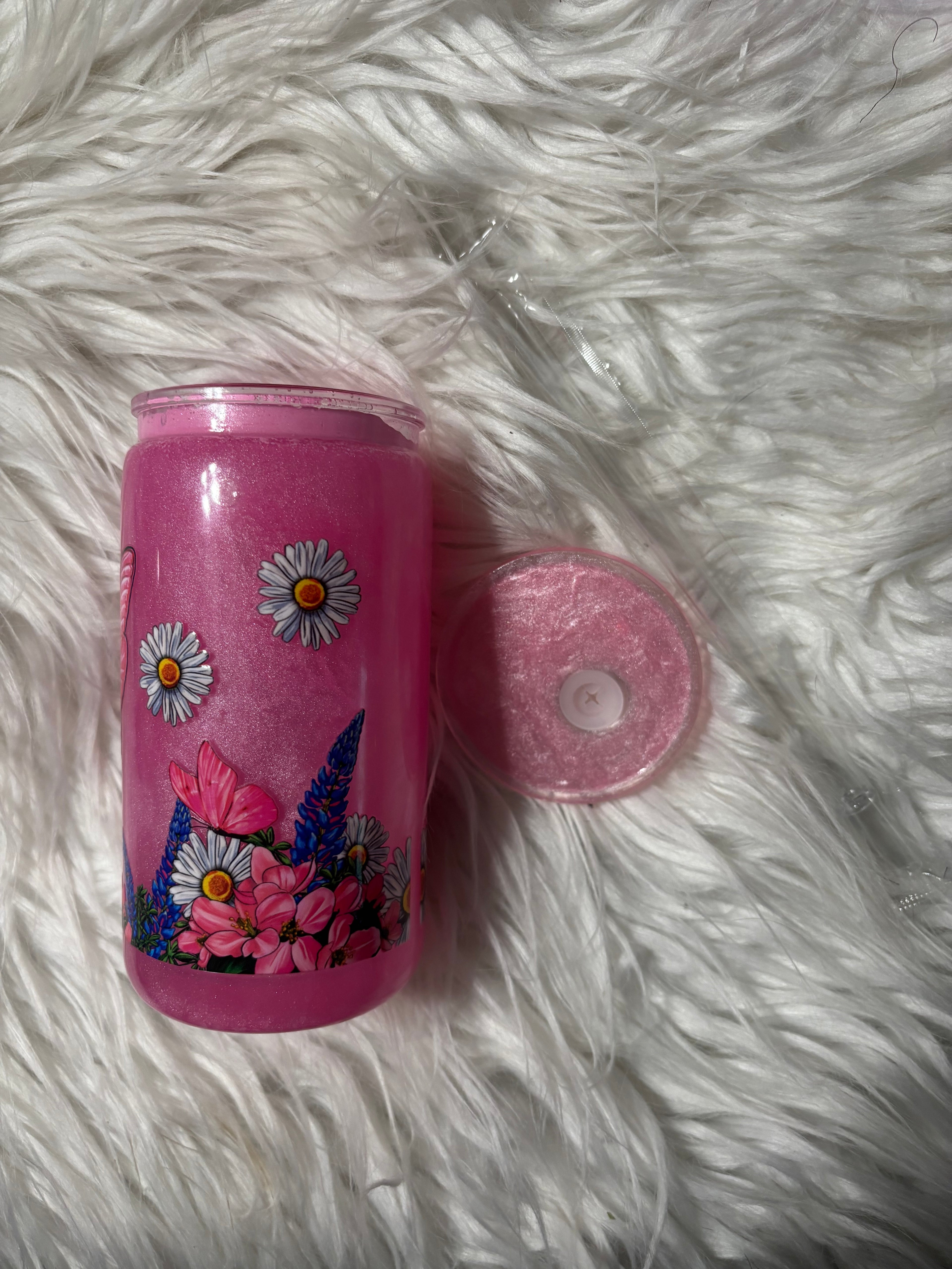 Pink Cat Eye Butterfly Snowglobe Tumbler | Pink Glitter Butterfly Cup (14oz.)