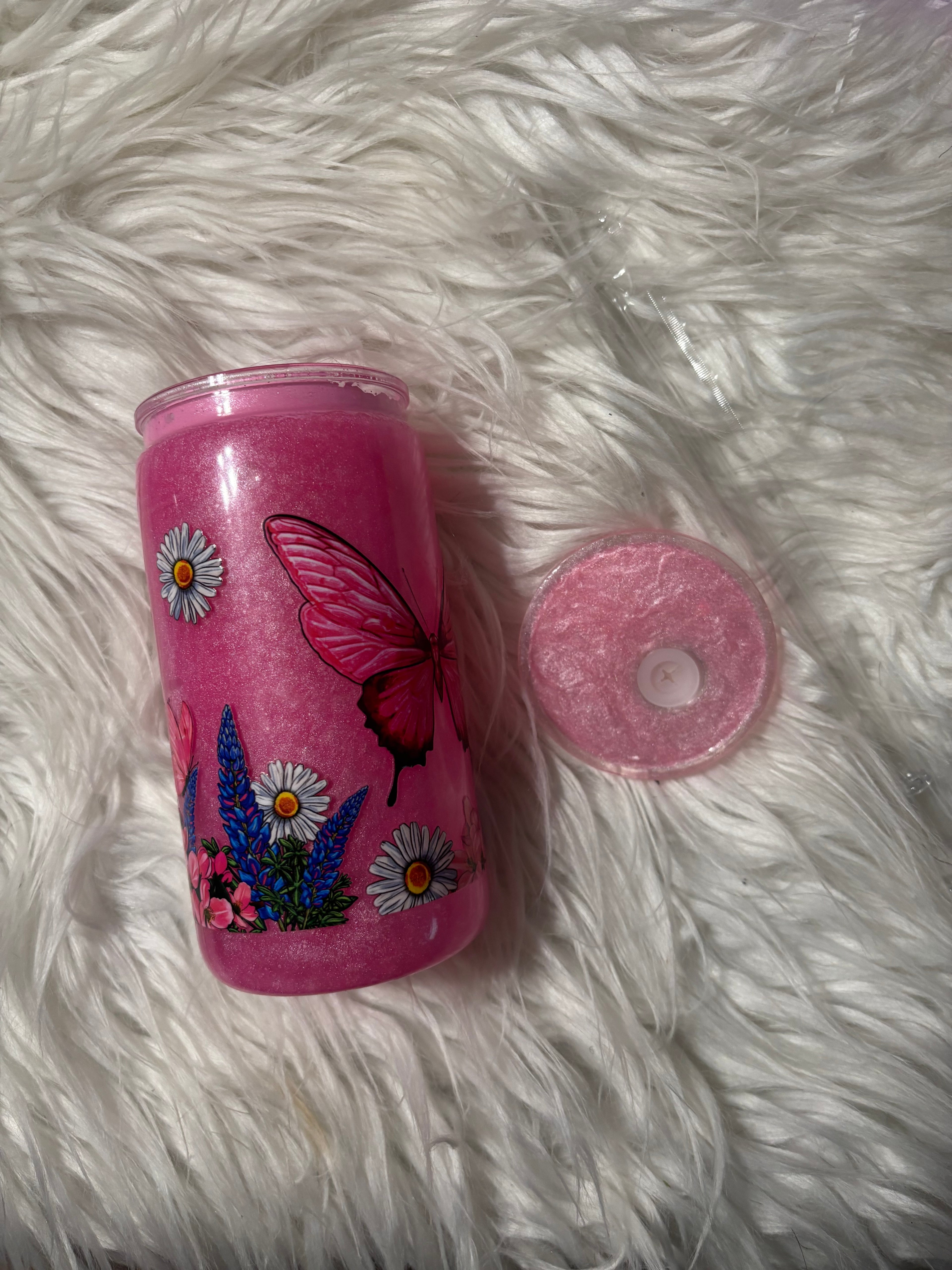 Pink Cat Eye Butterfly Snowglobe Tumbler | Pink Glitter Butterfly Cup (14oz.)
