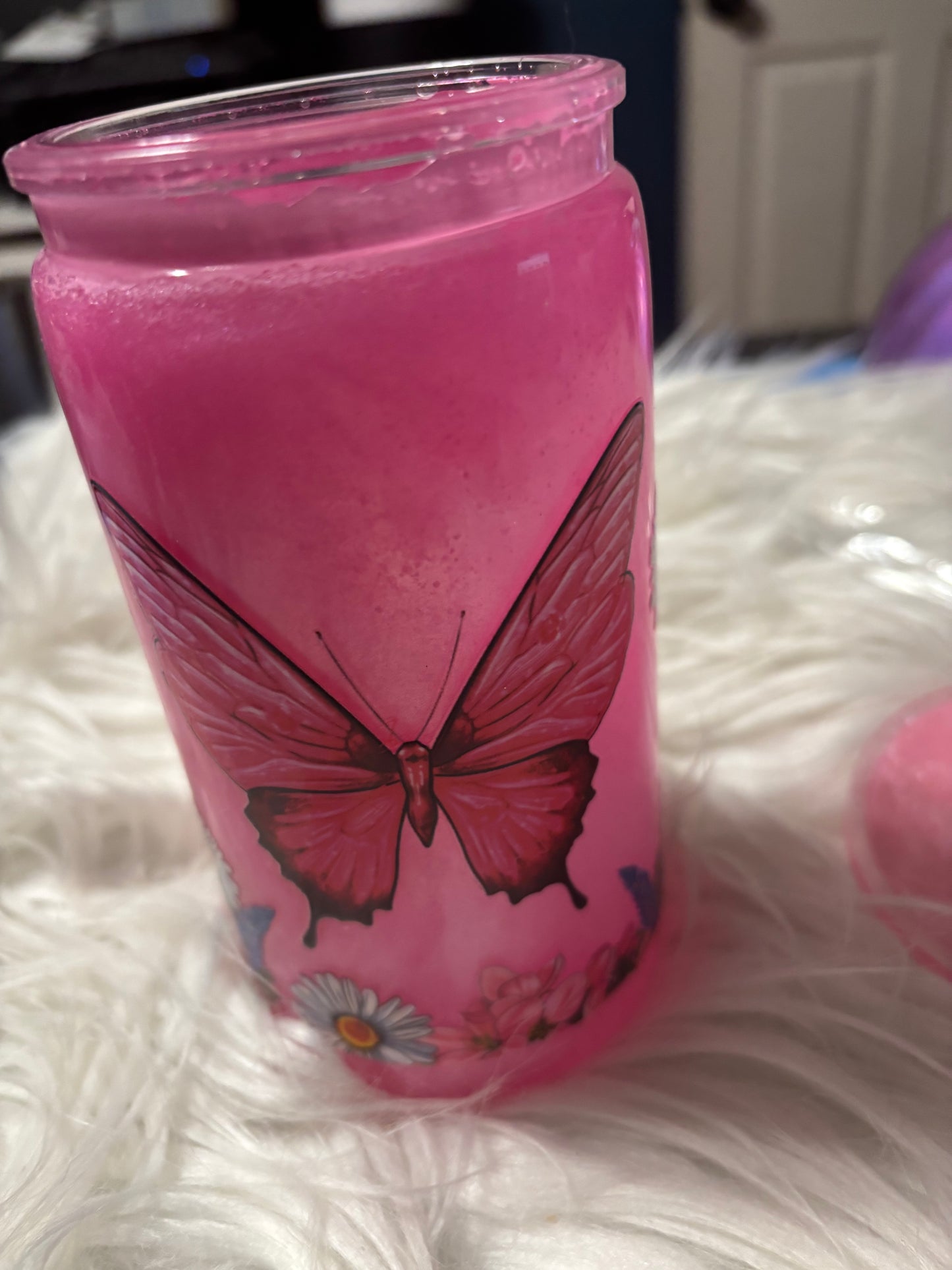 Pink Cat Eye Butterfly Snowglobe Tumbler | Pink Glitter Butterfly Cup (14oz.)