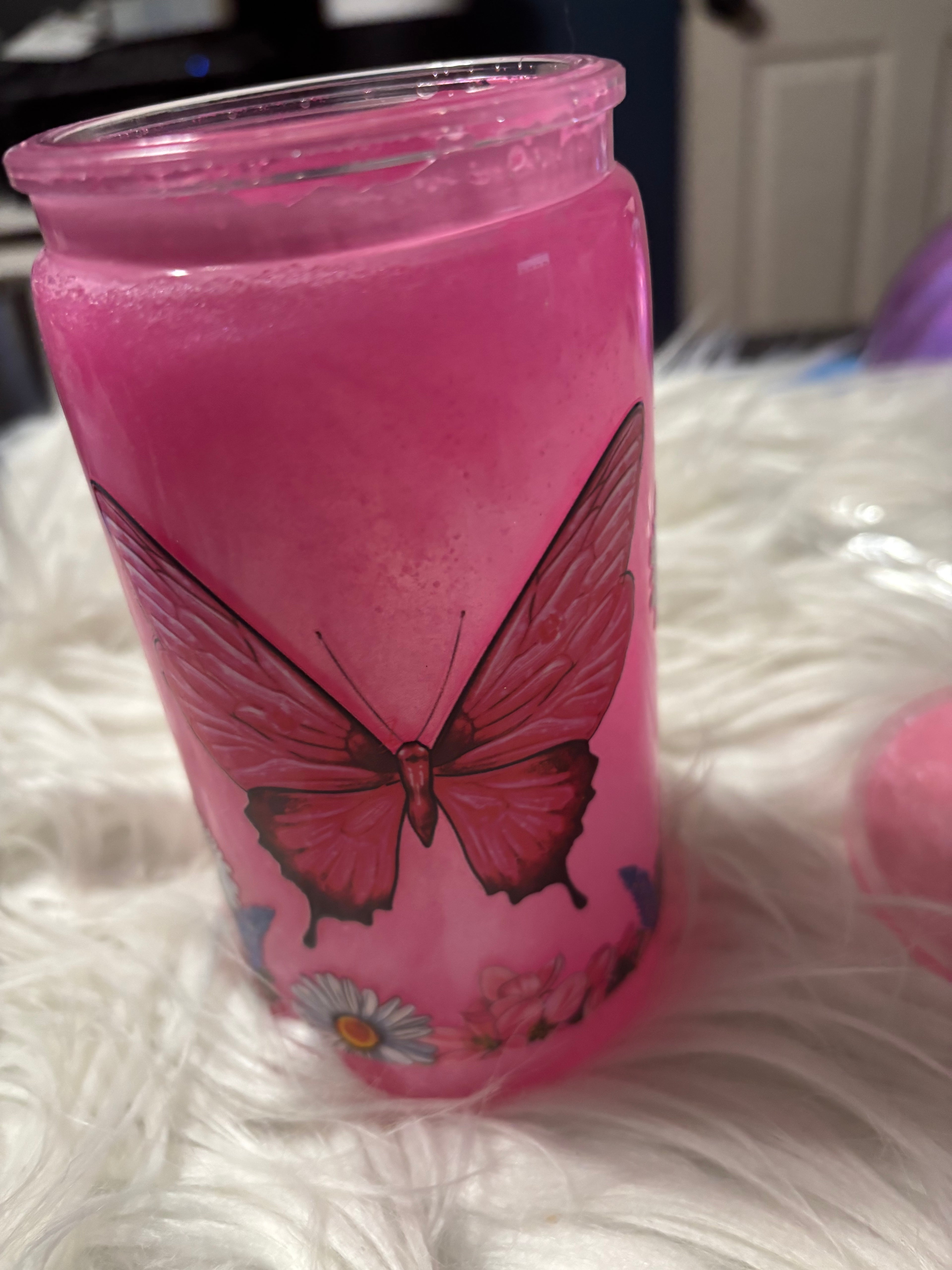 Pink Cat Eye Butterfly Snowglobe Tumbler | Pink Glitter Butterfly Cup (14oz.)