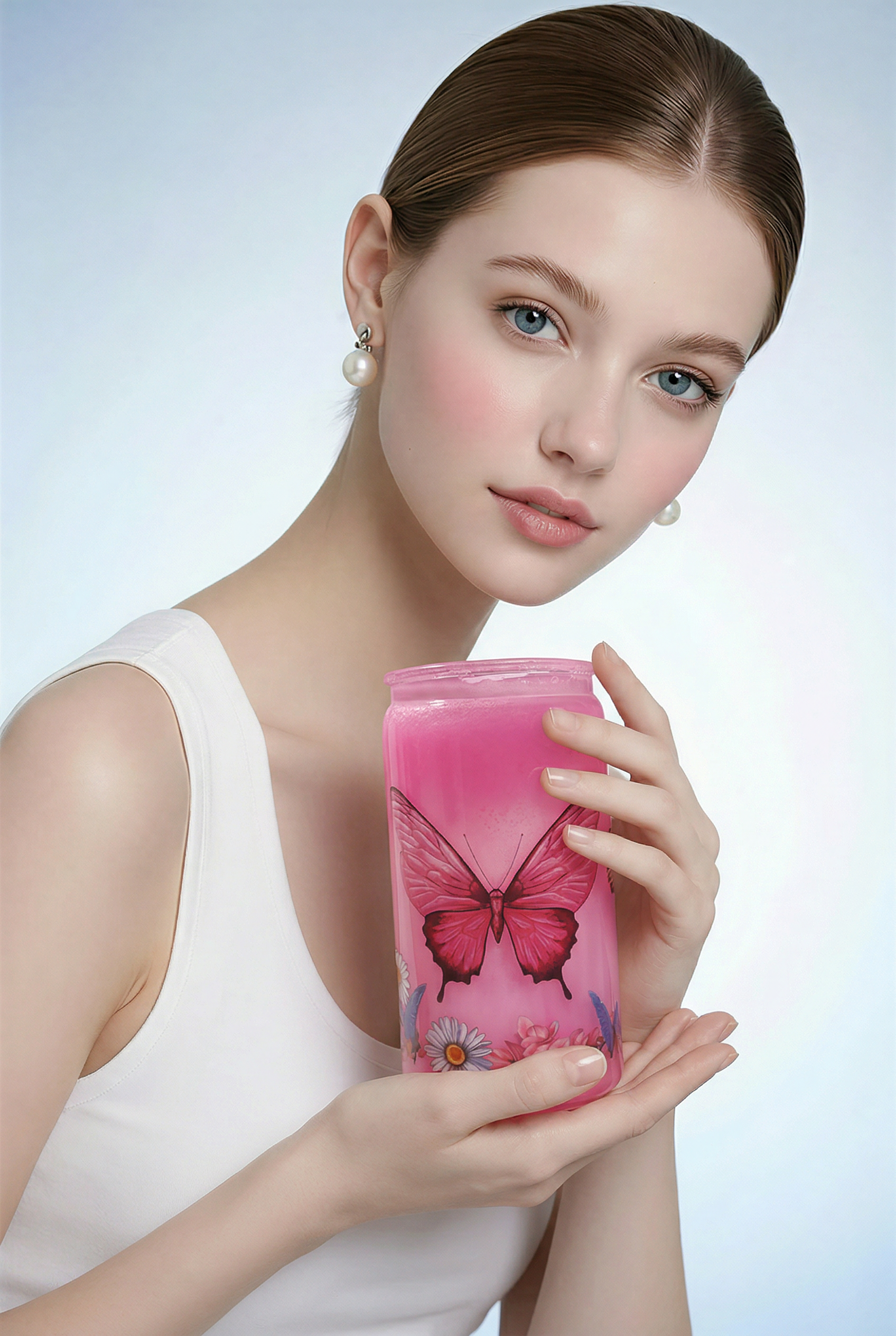 Pink Cat Eye Butterfly Snowglobe Tumbler | Pink Glitter Butterfly Cup (14oz.)