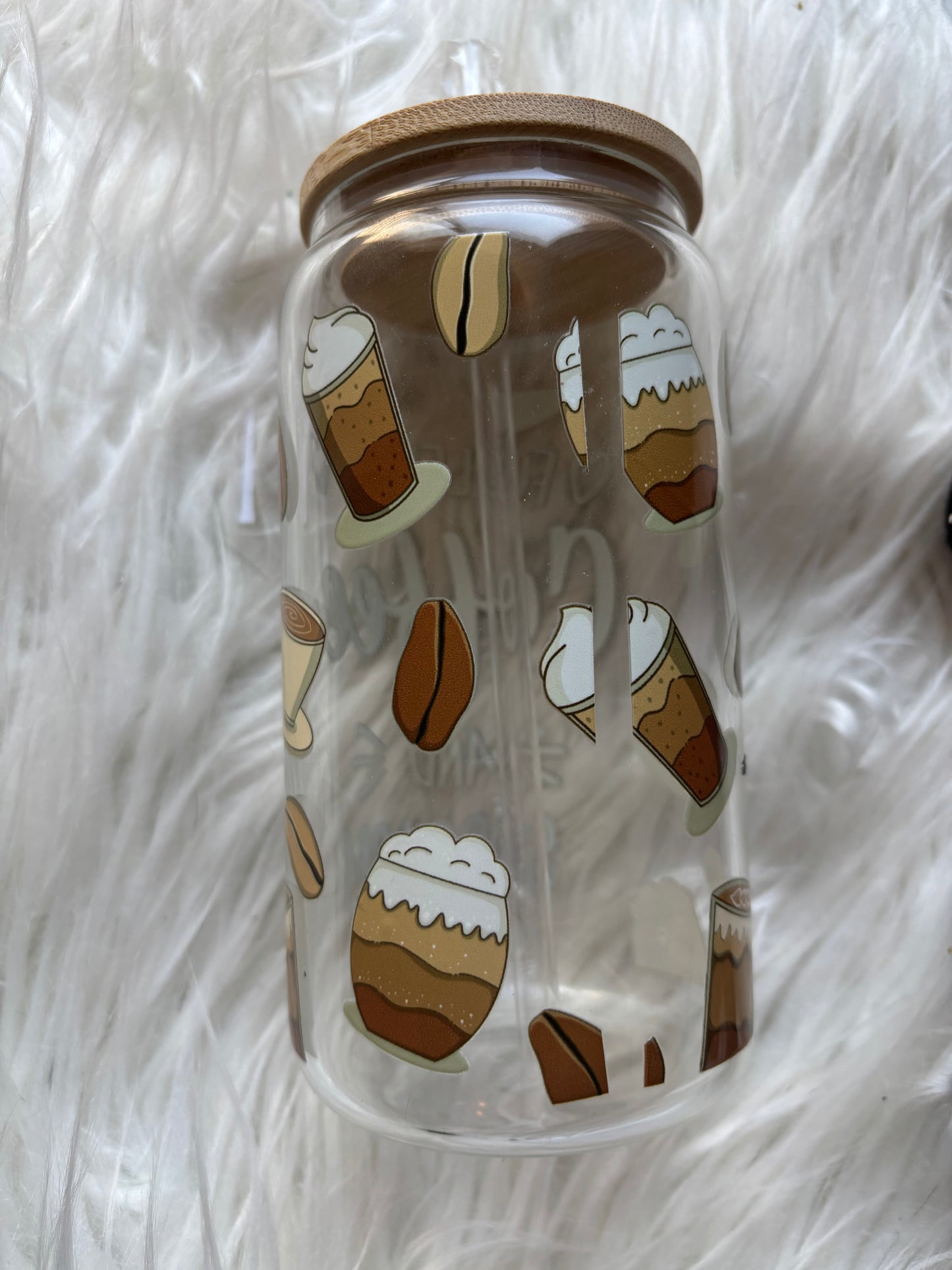 Custom 16 oz. frosted glass can with bamboo lid and clear straw – personalized sublimation tumbler for cold drinks