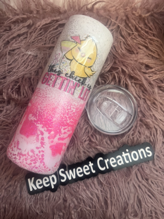 This Chick Is Gettin Lit tumbler with pink glitter epoxy finish and lid