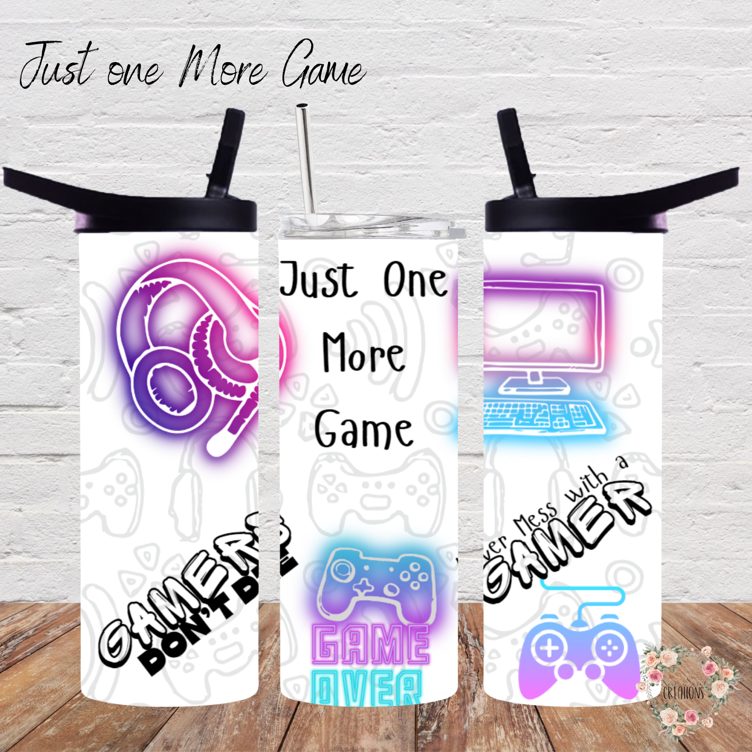 Gamer Mode Tumbler – Just One More Game! | Neon Controller Stainless Steel Cup for Gamers