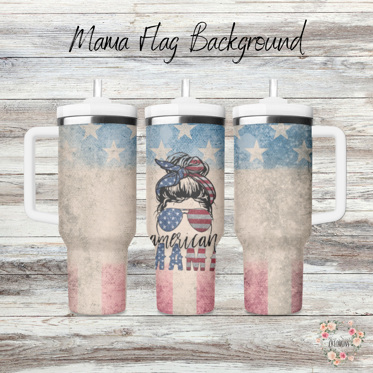A rustic American flag design with a vintage touch, perfect for country-loving moms and their minis. ❤️💙
