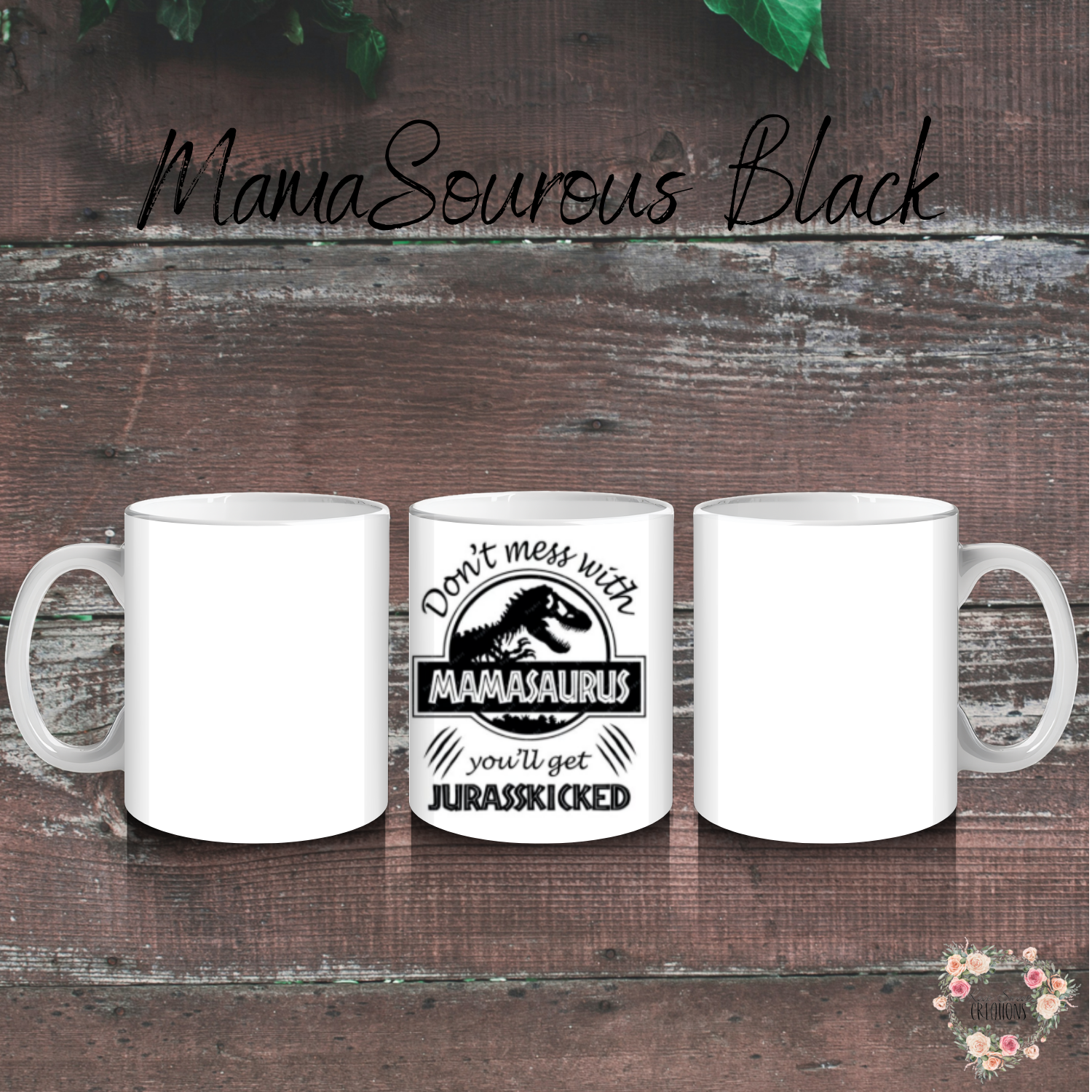 Mamasaurus coffee mug with bold dinosaur design and mom phrase