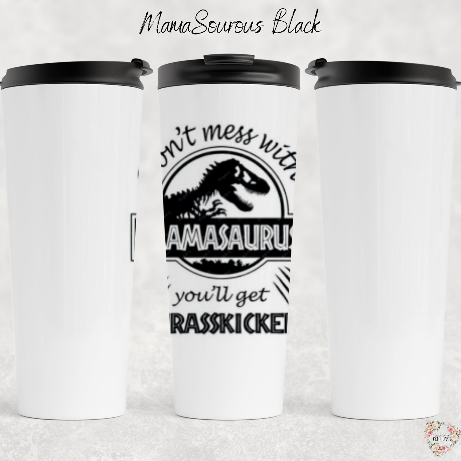 Mamasaurus coffee mug with bold dinosaur design and mom phrase