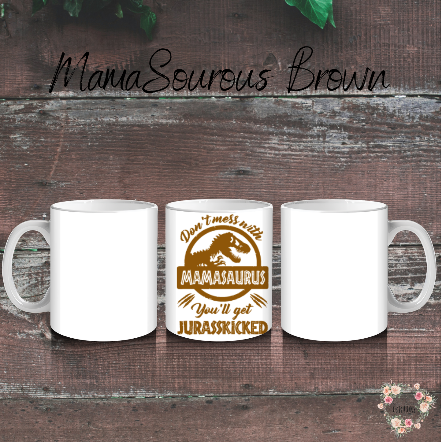 Mamasaurus coffee mug with bold dinosaur design and mom phrase