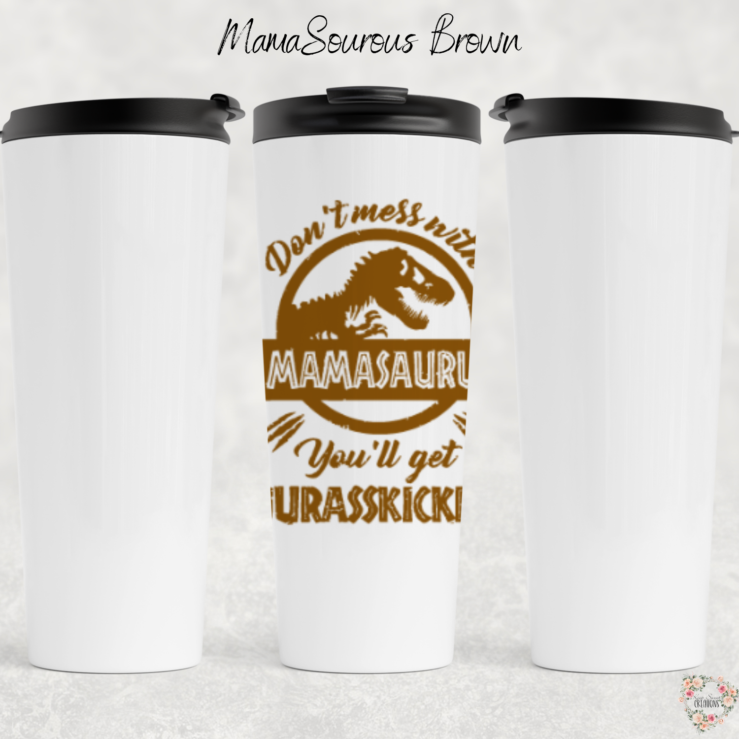 Mamasaurus coffee mug with bold dinosaur design and mom phrase