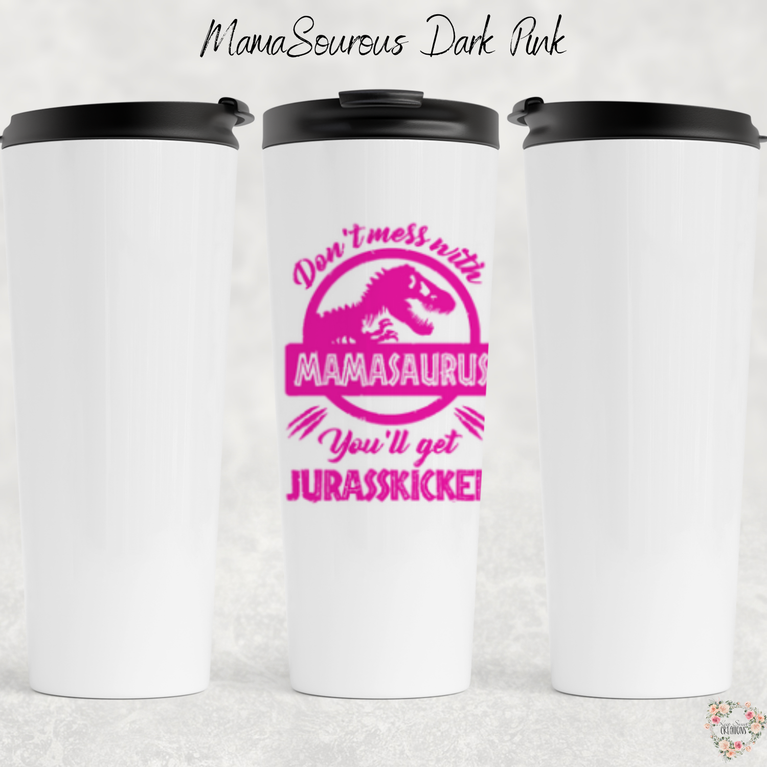 Mamasaurus coffee mug with bold dinosaur design and mom phrase