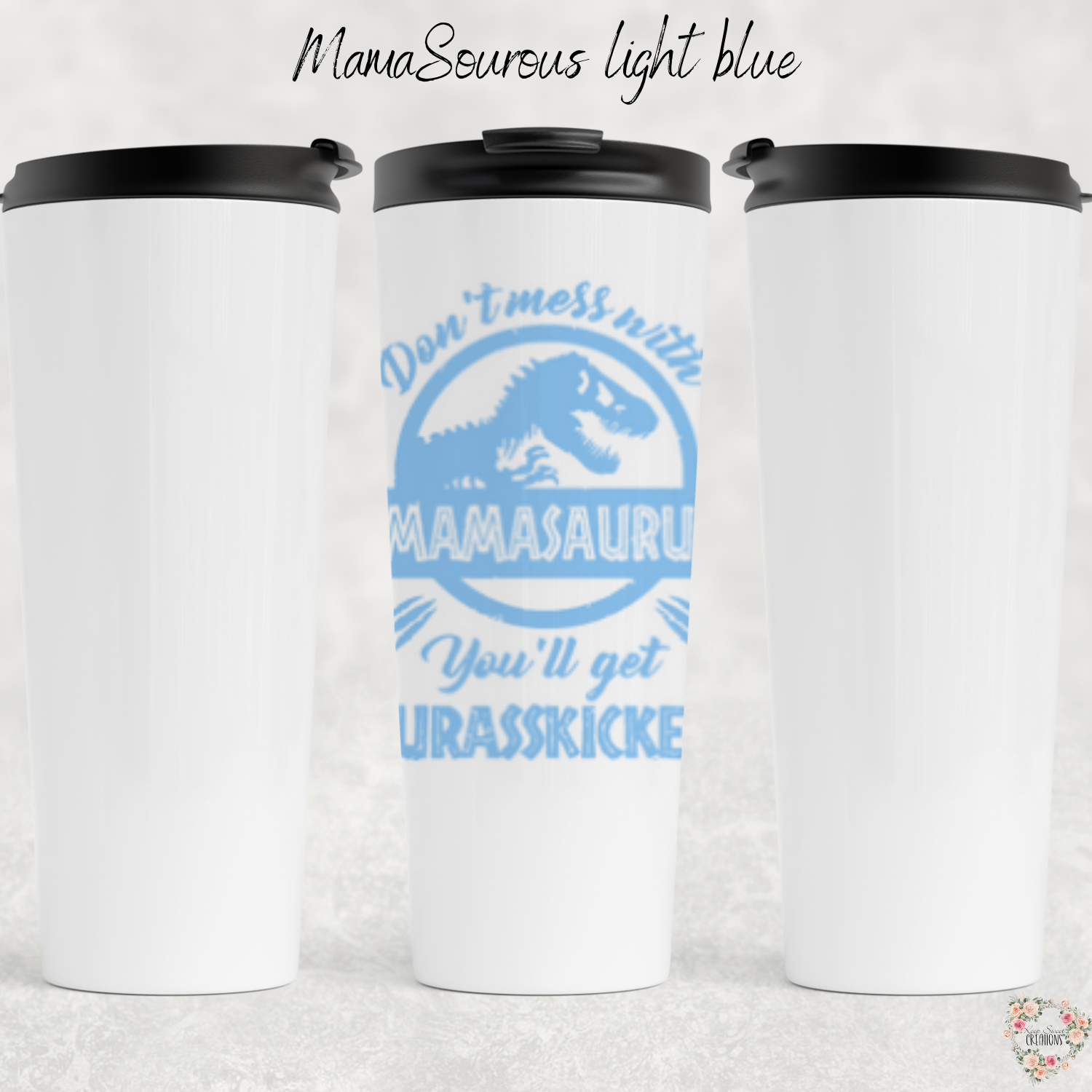 Mamasaurus coffee mug with bold dinosaur design and mom phrase