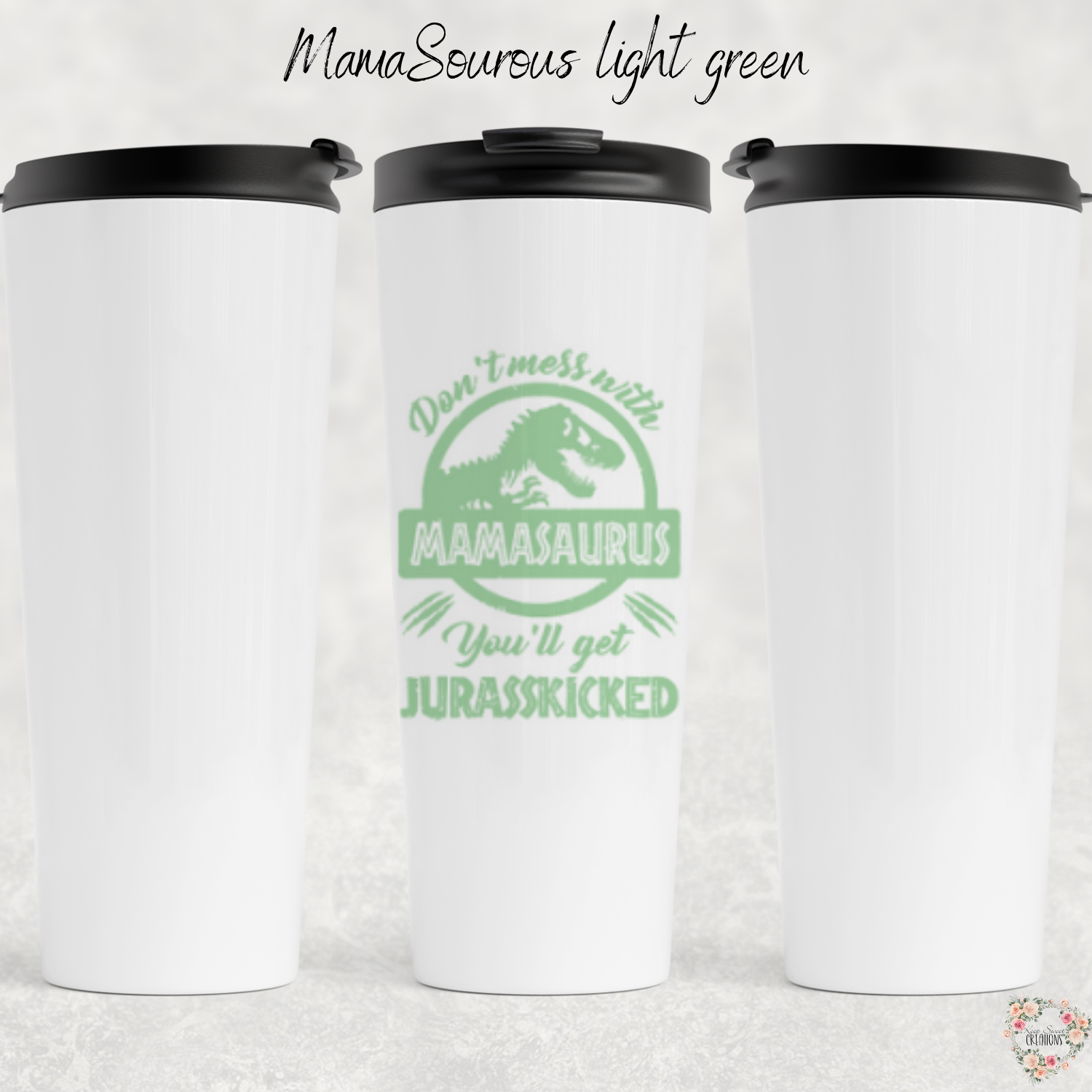 Mamasaurus coffee mug with bold dinosaur design and mom phrase