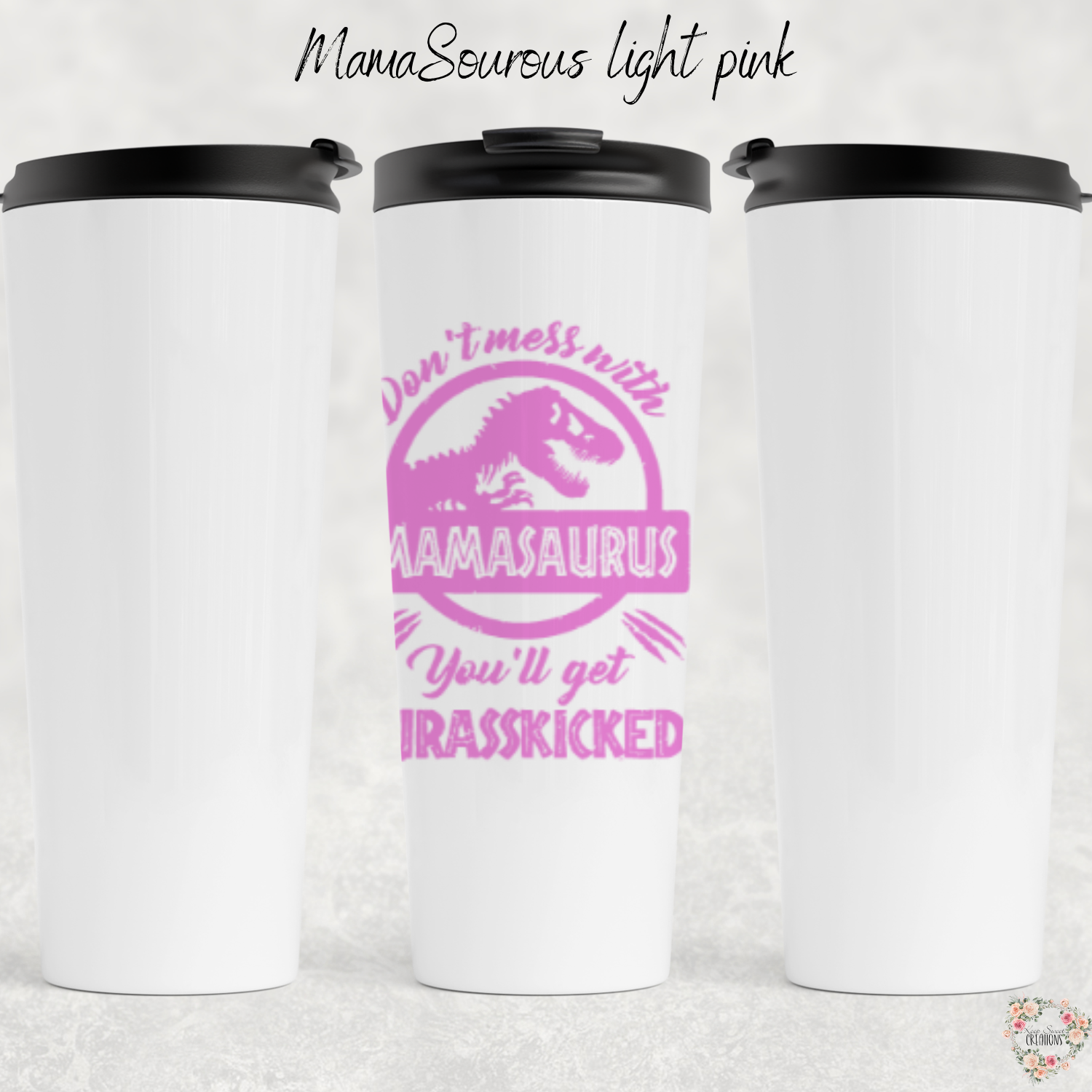 Mamasaurus coffee mug with bold dinosaur design and mom phrase