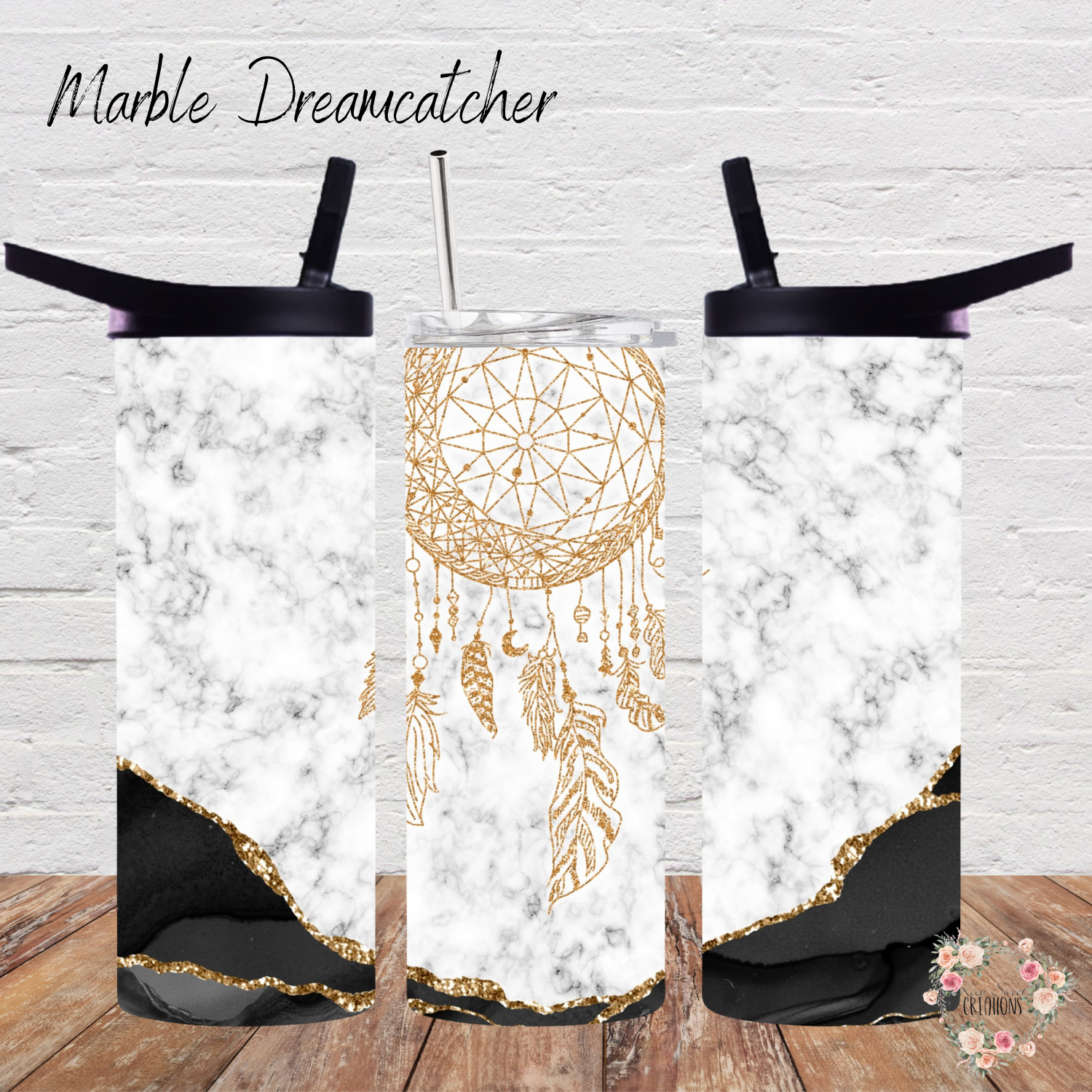 Marble Dreamcatcher Tumbler – Boho Marble Cup | Gold Dreamcatcher Stainless Steel Drinkware
