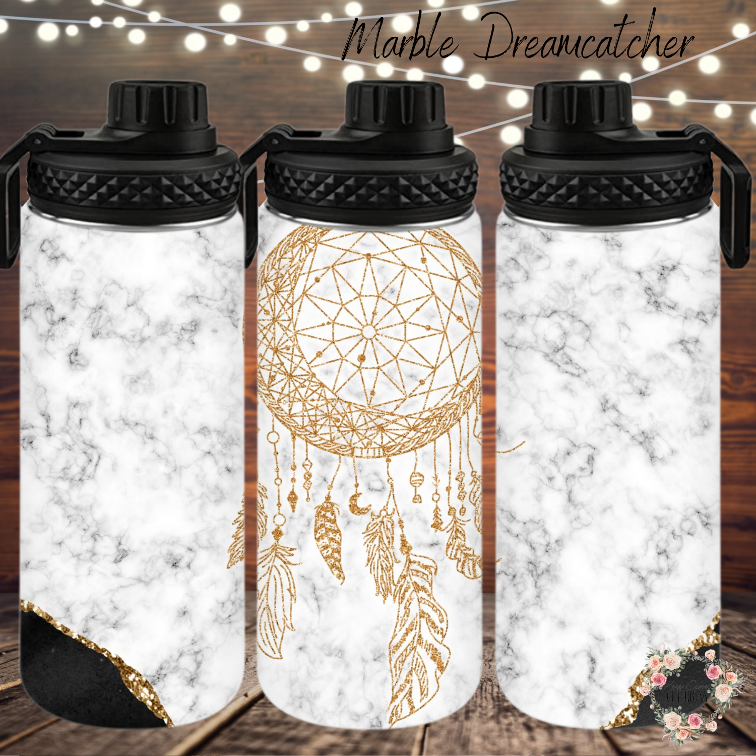 Marble Dreamcatcher Tumbler – Boho Marble Cup | Gold Dreamcatcher Stainless Steel Drinkware