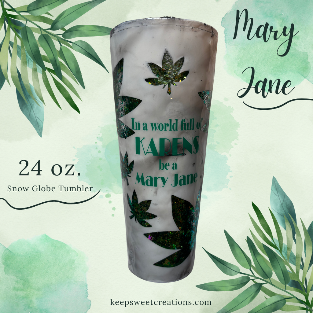 24 oz tumbler with product label, frosted glass and green leaf glitter inside