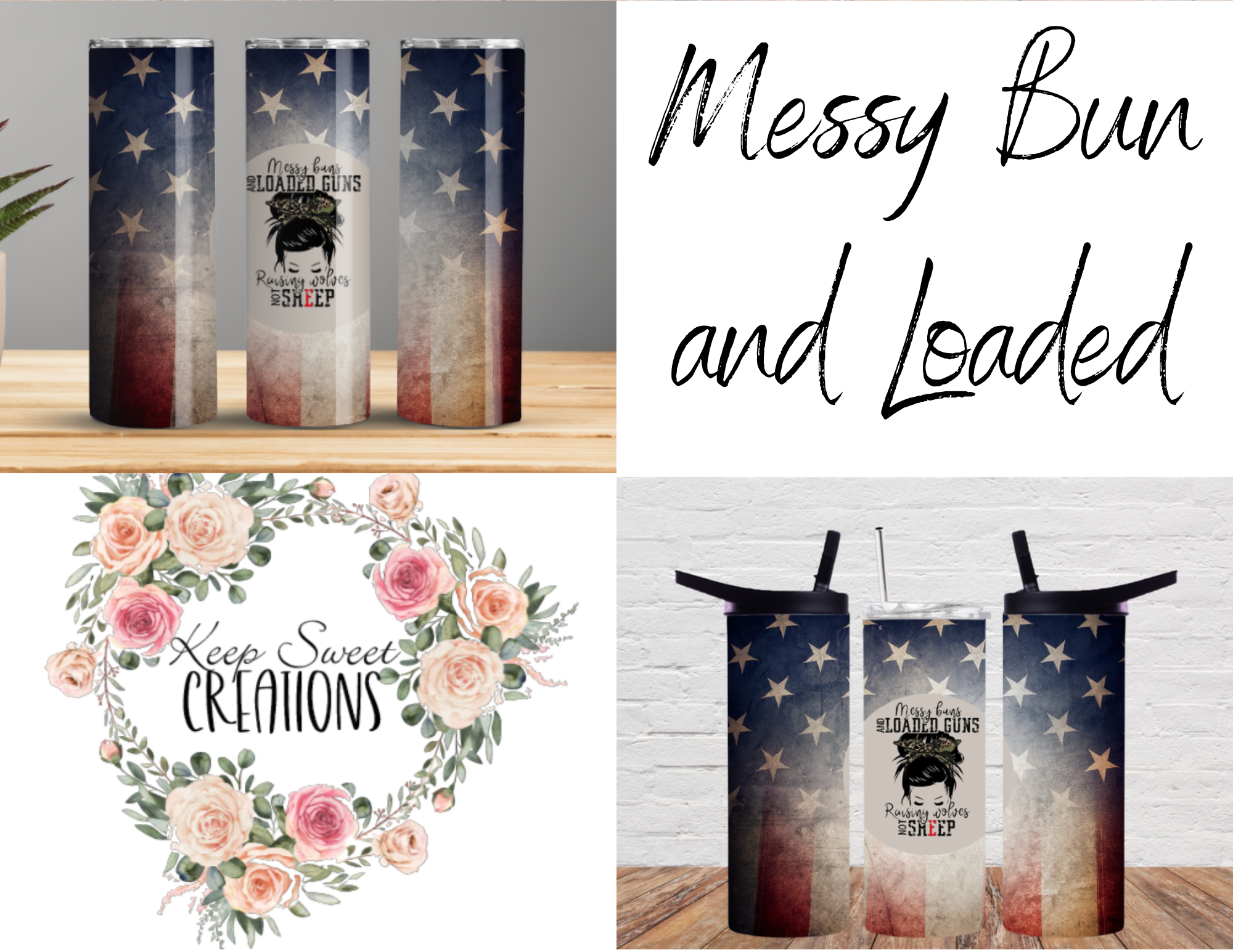 Make a bold statement with this Messy Bun & Loaded Guns Patriotic Tumbler! 🇺🇸🔥 Featuring a distressed American flag background and a fierce messy bun graphic with the phrase 'Messy Bun, Loaded Guns, Raising Wolves Not Sheep,' this tumbler is perfect for strong, independent women who love their country and their rights. Available in multiple sizes, including 20 oz, 30 oz, 32 oz water bottles, and 40 oz handled tumblers. Show off your fearless, patriotic spirit in style!