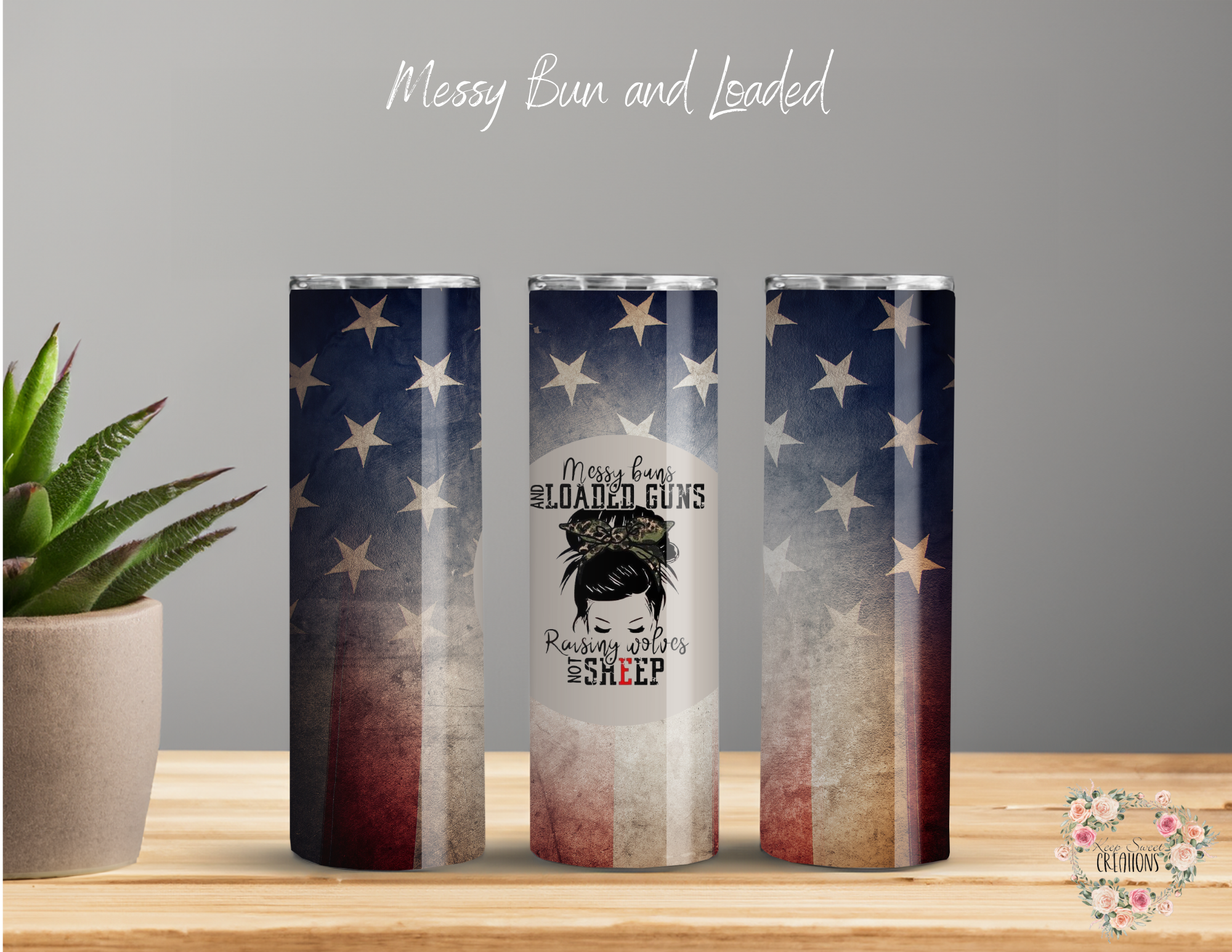 Make a bold statement with this Messy Bun & Loaded Guns Patriotic Tumbler! 🇺🇸🔥 Featuring a distressed American flag background and a fierce messy bun graphic with the phrase 'Messy Bun, Loaded Guns, Raising Wolves Not Sheep,' this tumbler is perfect for strong, independent women who love their country and their rights. Available in multiple sizes, including 20 oz, 30 oz, 32 oz water bottles, and 40 oz handled tumblers. Show off your fearless, patriotic spirit in style!