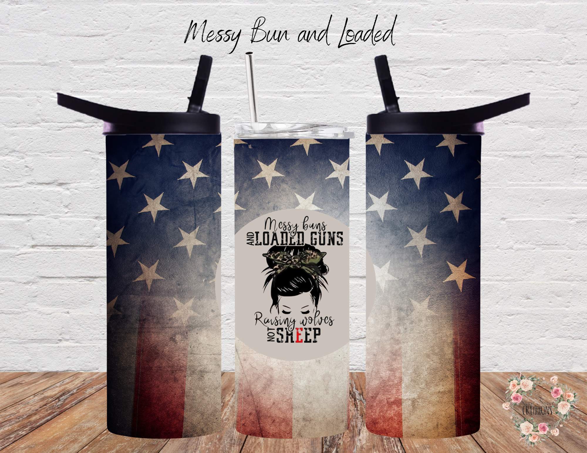 Make a bold statement with this Messy Bun & Loaded Guns Patriotic Tumbler! 🇺🇸🔥 Featuring a distressed American flag background and a fierce messy bun graphic with the phrase 'Messy Bun, Loaded Guns, Raising Wolves Not Sheep,' this tumbler is perfect for strong, independent women who love their country and their rights. Available in multiple sizes, including 20 oz, 30 oz, 32 oz water bottles, and 40 oz handled tumblers. Show off your fearless, patriotic spirit in style!