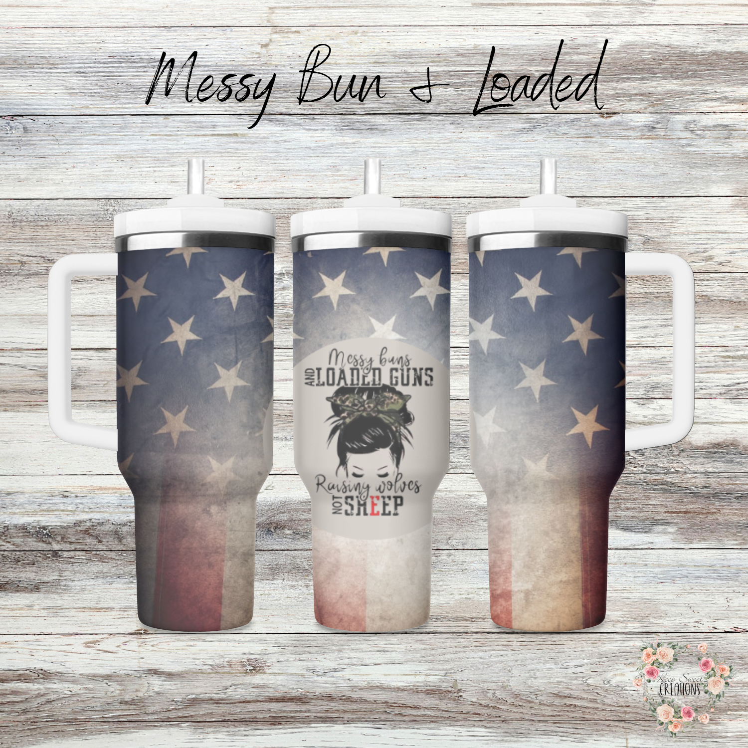 Make a bold statement with this Messy Bun & Loaded Guns Patriotic Tumbler! 🇺🇸🔥 Featuring a distressed American flag background and a fierce messy bun graphic with the phrase 'Messy Bun, Loaded Guns, Raising Wolves Not Sheep,' this tumbler is perfect for strong, independent women who love their country and their rights. Available in multiple sizes, including 20 oz, 30 oz, 32 oz water bottles, and 40 oz handled tumblers. Show off your fearless, patriotic spirit in style!