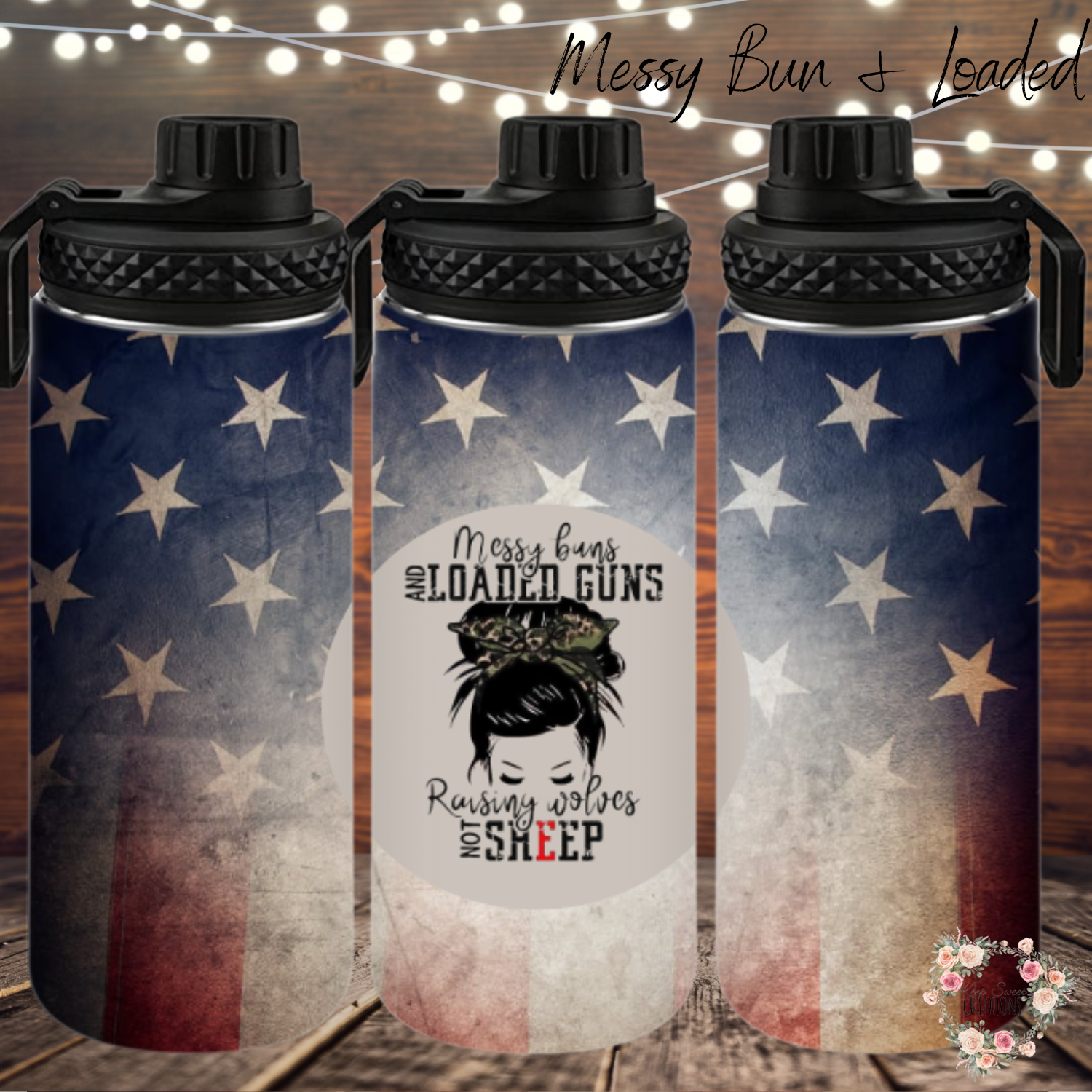 Make a bold statement with this Messy Bun & Loaded Guns Patriotic Tumbler! 🇺🇸🔥 Featuring a distressed American flag background and a fierce messy bun graphic with the phrase 'Messy Bun, Loaded Guns, Raising Wolves Not Sheep,' this tumbler is perfect for strong, independent women who love their country and their rights. Available in multiple sizes, including 20 oz, 30 oz, 32 oz water bottles, and 40 oz handled tumblers. Show off your fearless, patriotic spirit in style!