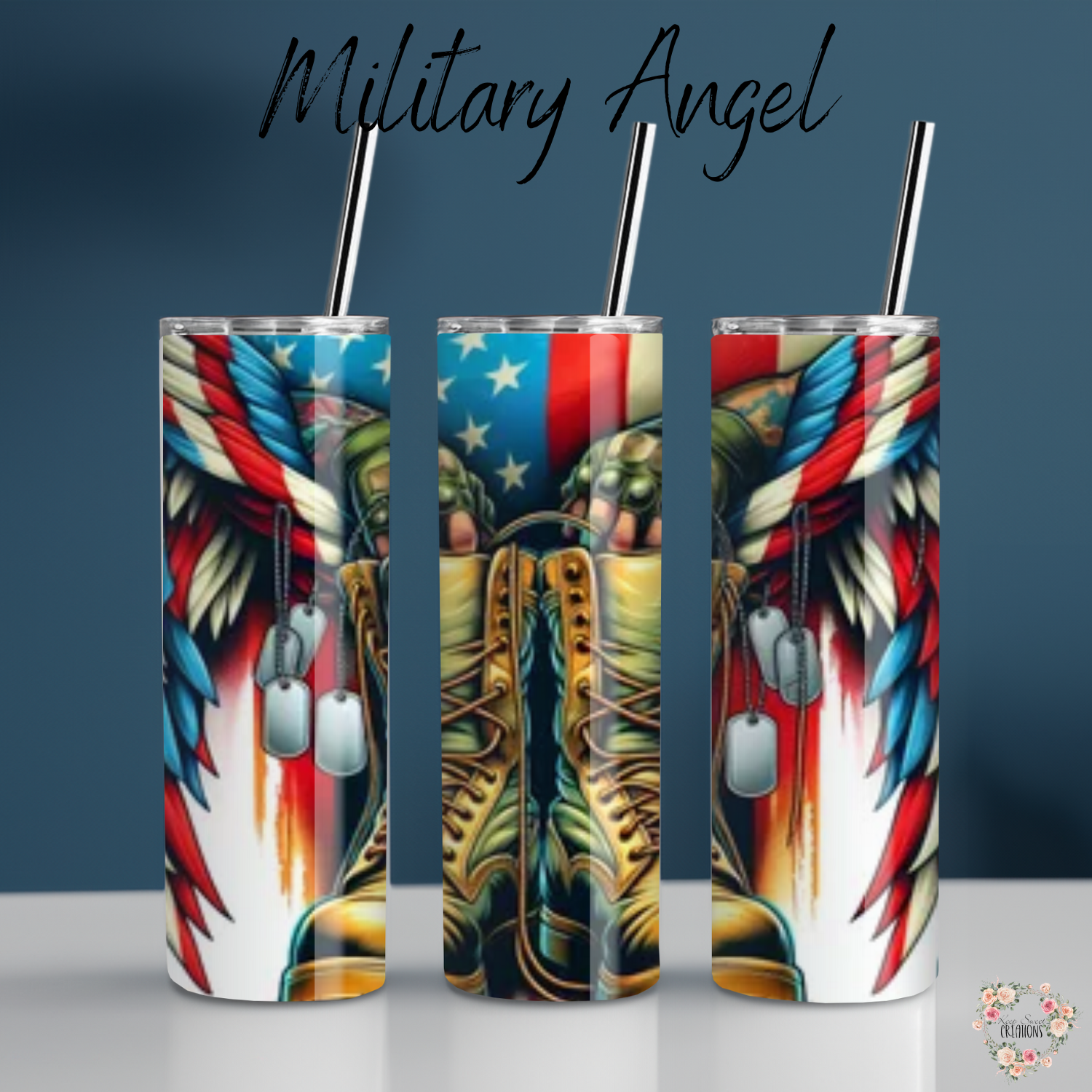 Patriotic Military Tribute Tumbler – Angel Wings & Combat Boots (Military Angel)