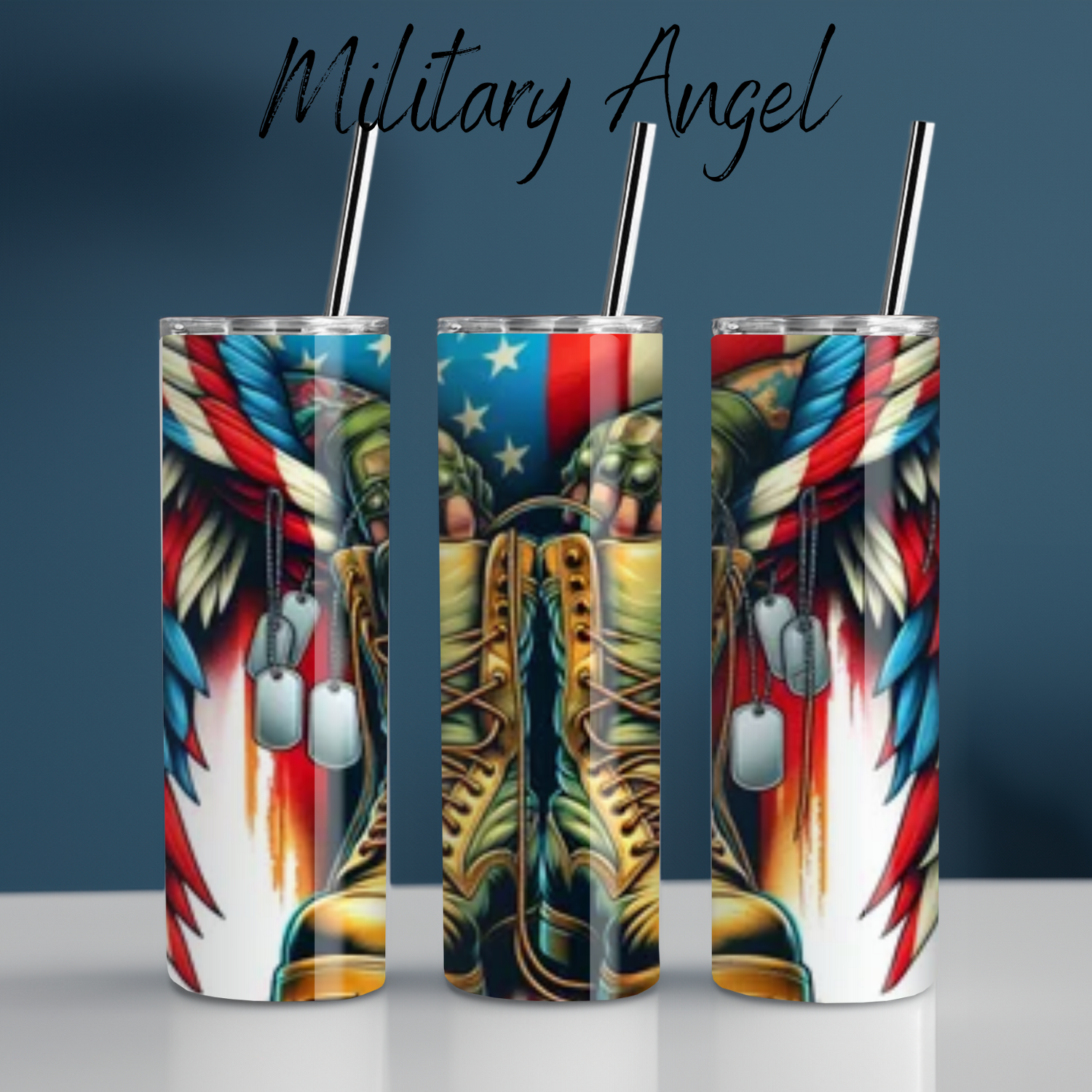 Patriotic Military Tribute Tumbler – Angel Wings & Combat Boots (Military Angel)
